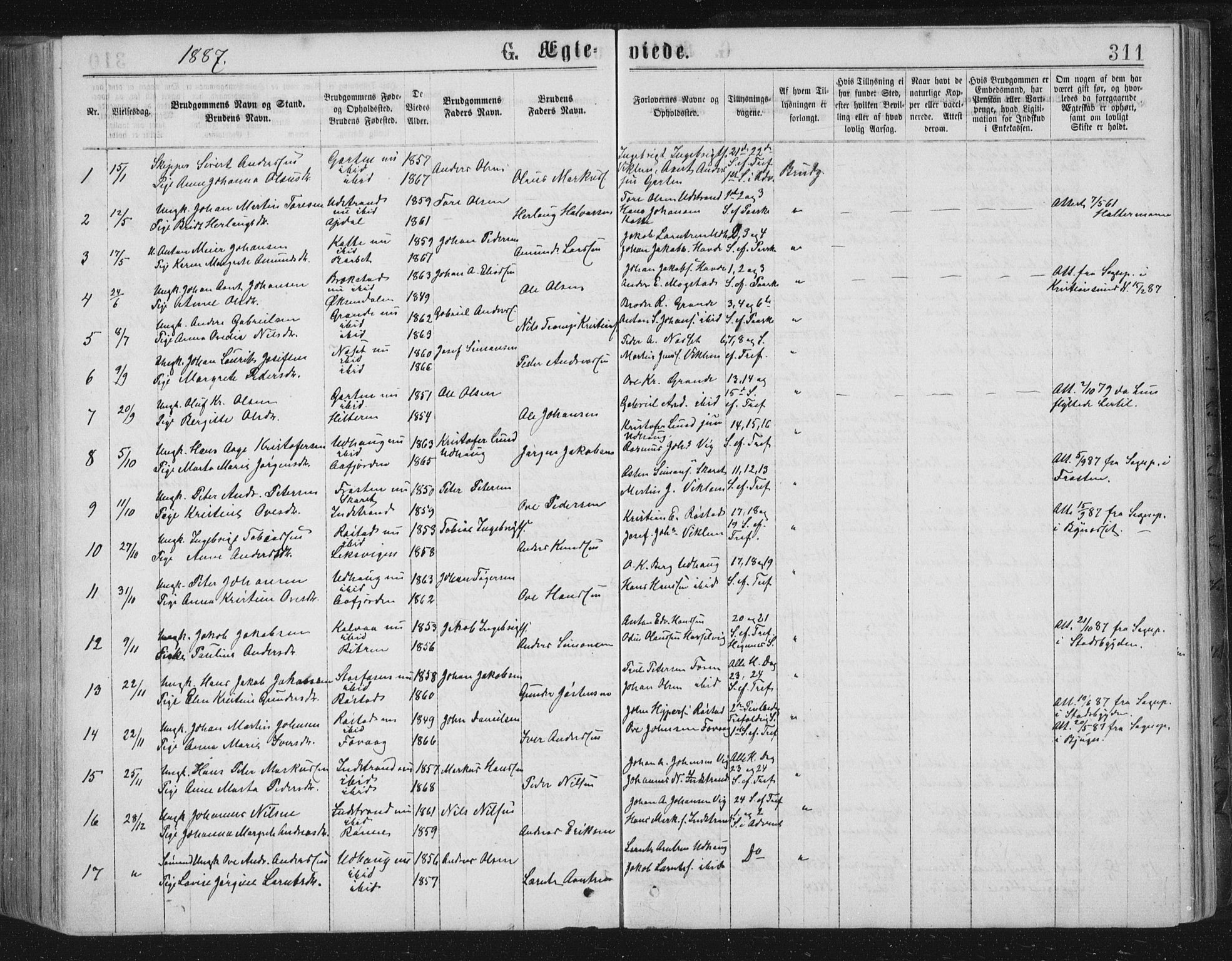 Ministerialprotokoller, klokkerbøker og fødselsregistre - Sør-Trøndelag, SAT/A-1456/659/L0745: Parish register (copy) no. 659C02, 1869-1892, p. 311