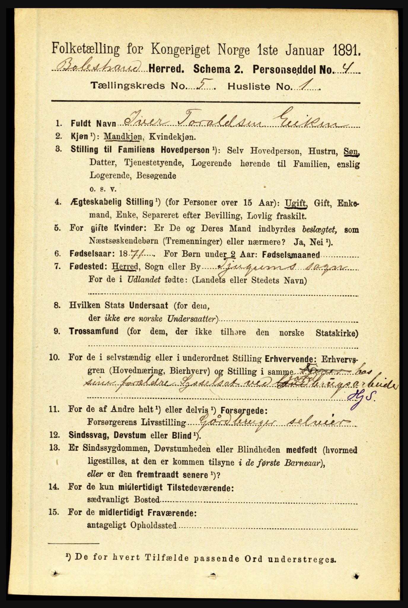 RA, 1891 census for 1418 Balestrand, 1891, p. 1114