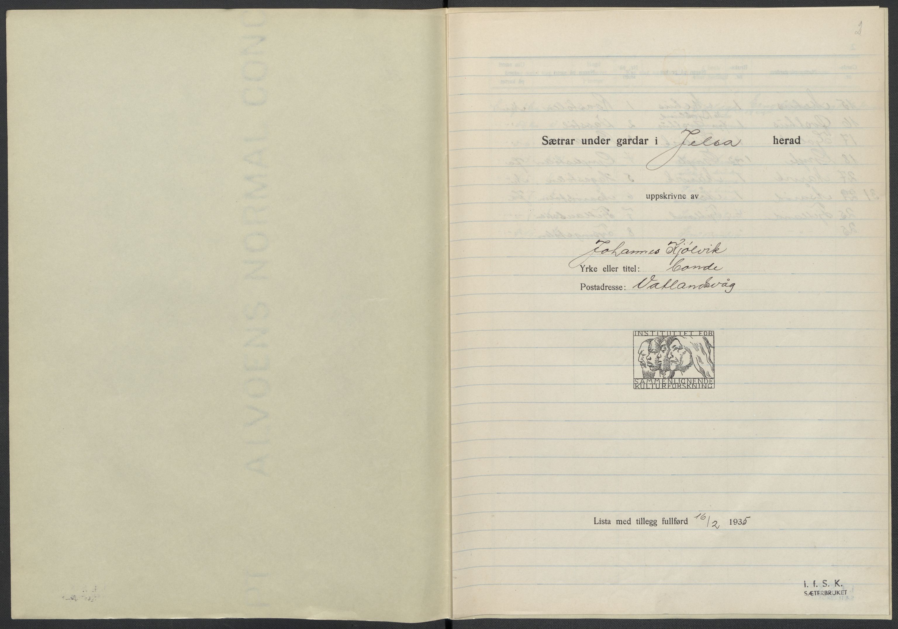 Instituttet for sammenlignende kulturforskning, AV/RA-PA-0424/F/Fc/L0009/0002: Eske B9: / Rogaland (perm XXIII), 1932-1938, p. 2
