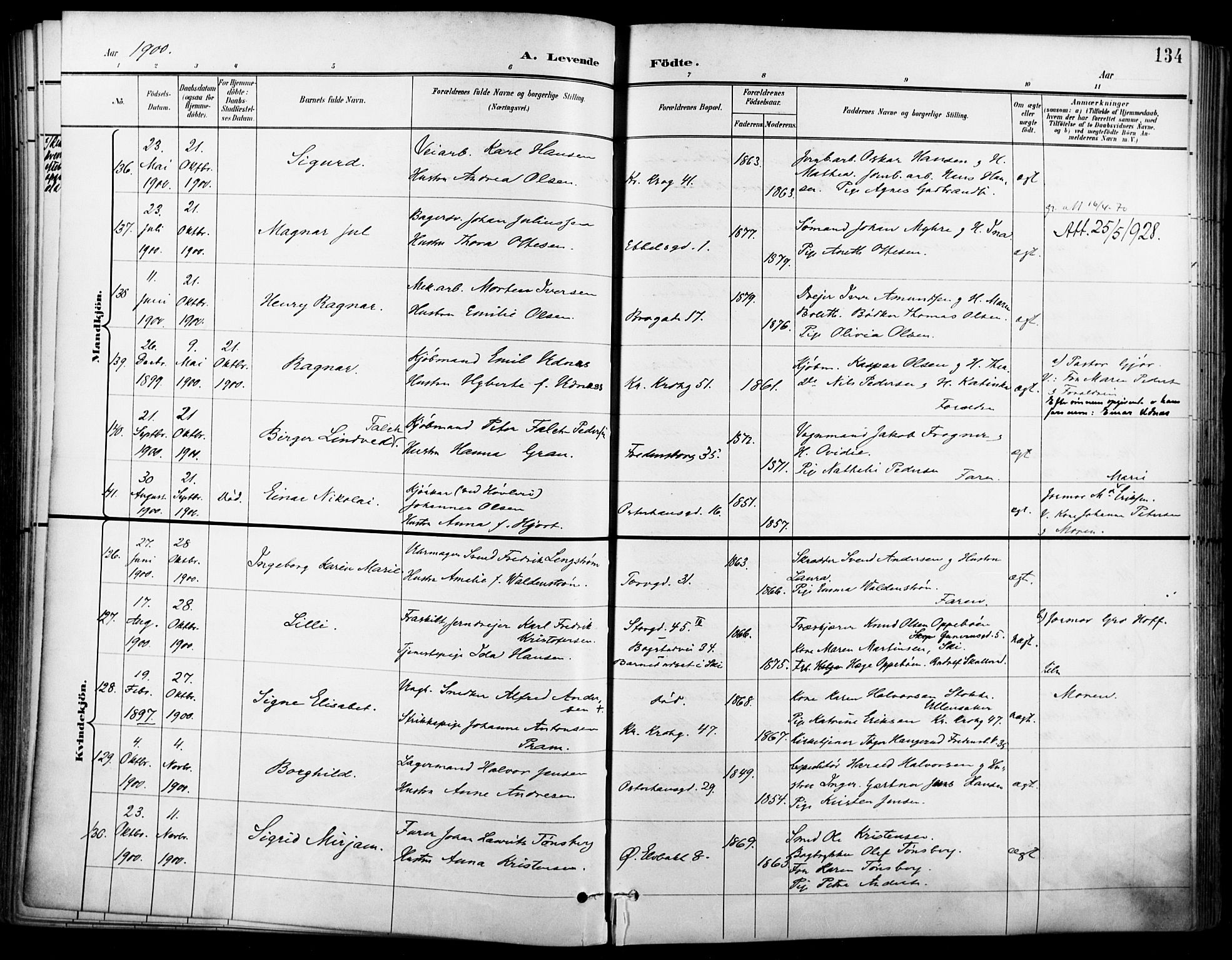 Jakob prestekontor Kirkebøker, SAO/A-10850/F/Fa/L0005: Parish register (official) no. 5, 1896-1903, p. 134