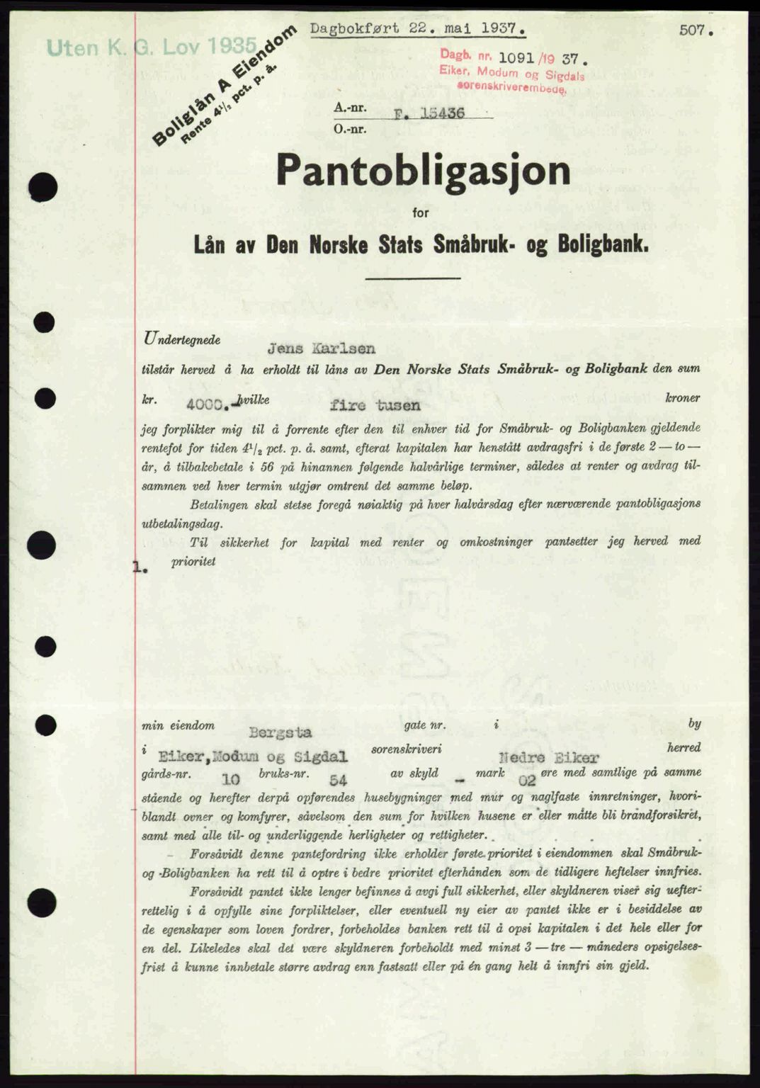 Eiker, Modum og Sigdal sorenskriveri, SAKO/A-123/G/Ga/Gab/L0035: Mortgage book no. A5, 1937-1937, Diary no: : 1091/1937