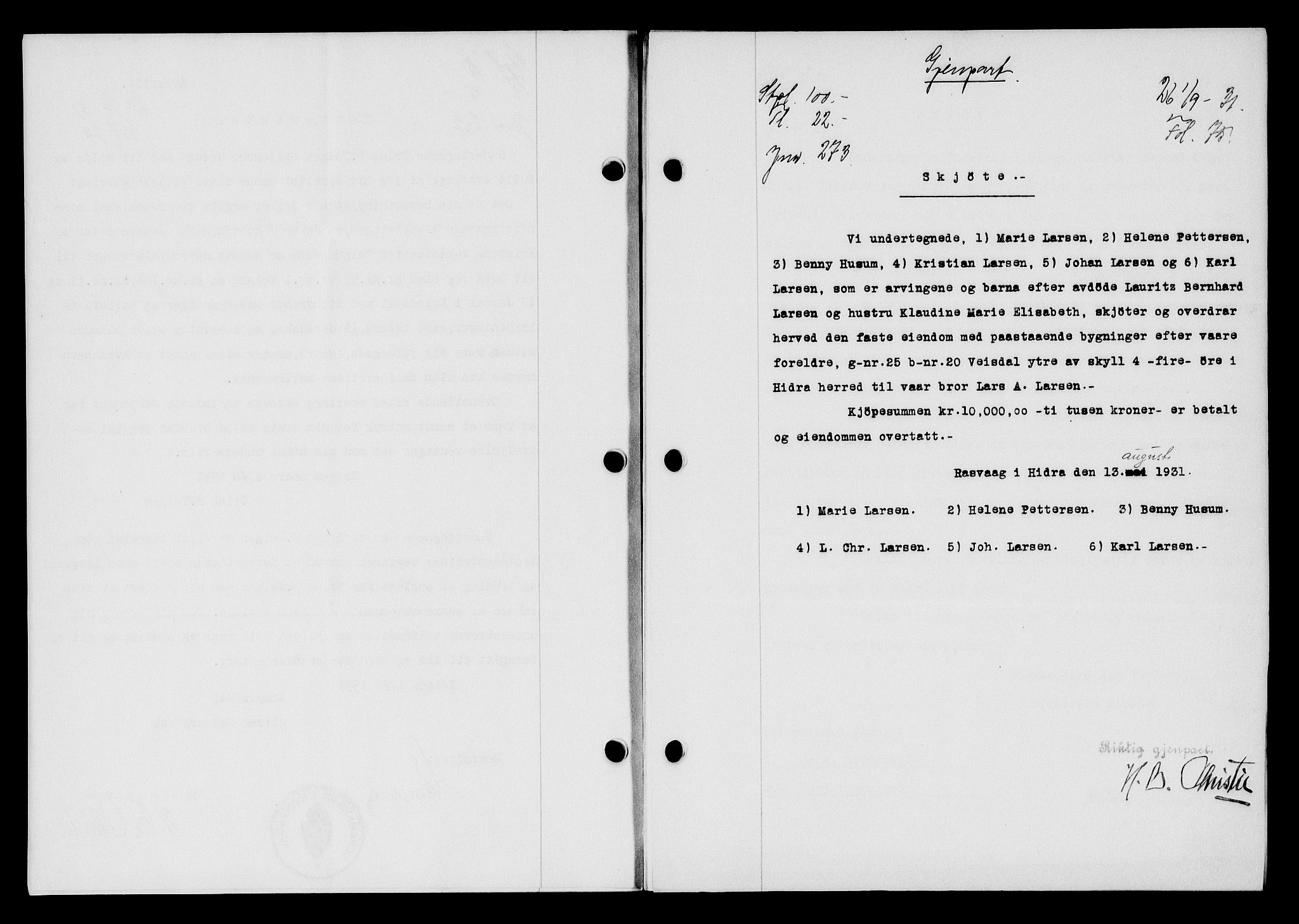Flekkefjord sorenskriveri, SAK/1221-0001/G/Gb/Gba/L0047: Mortgage book no. 45, 1931-1932, Deed date: 01.09.1931