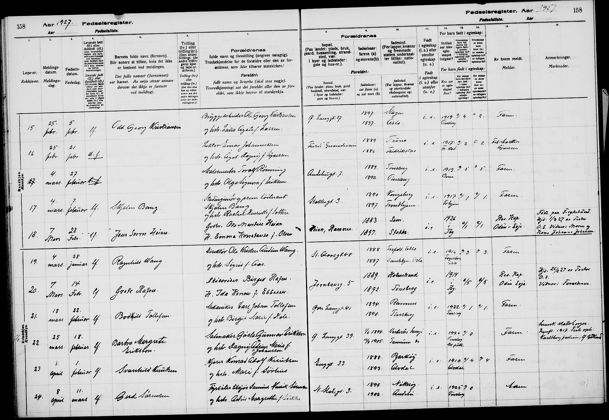 Tønsberg kirkebøker, AV/SAKO-A-330/J/Ja/L0002: Birth register no. 2, 1922-1928, p. 158