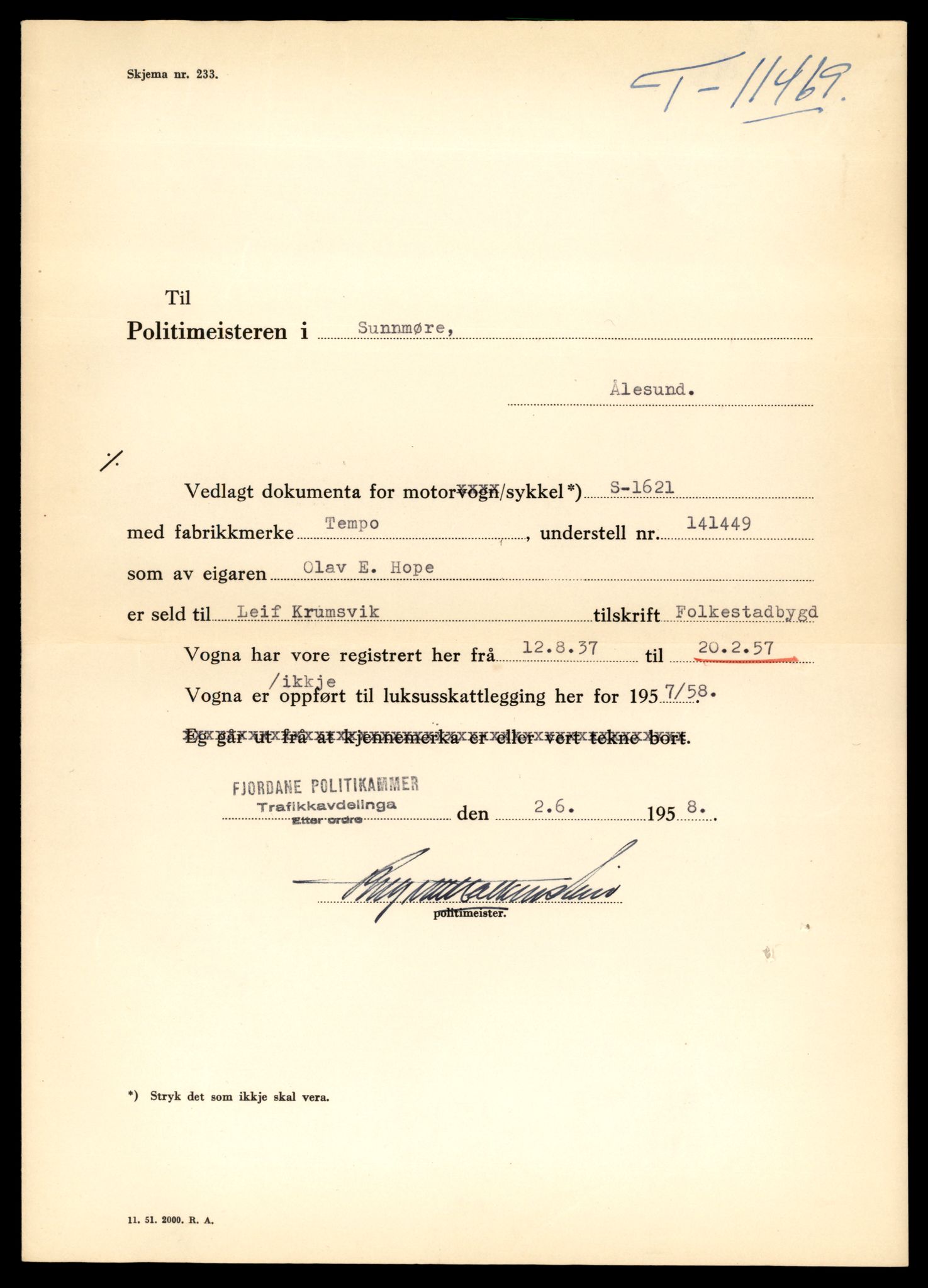 Møre og Romsdal vegkontor - Ålesund trafikkstasjon, AV/SAT-A-4099/F/Fe/L0029: Registreringskort for kjøretøy T 11430 - T 11619, 1927-1998, p. 749