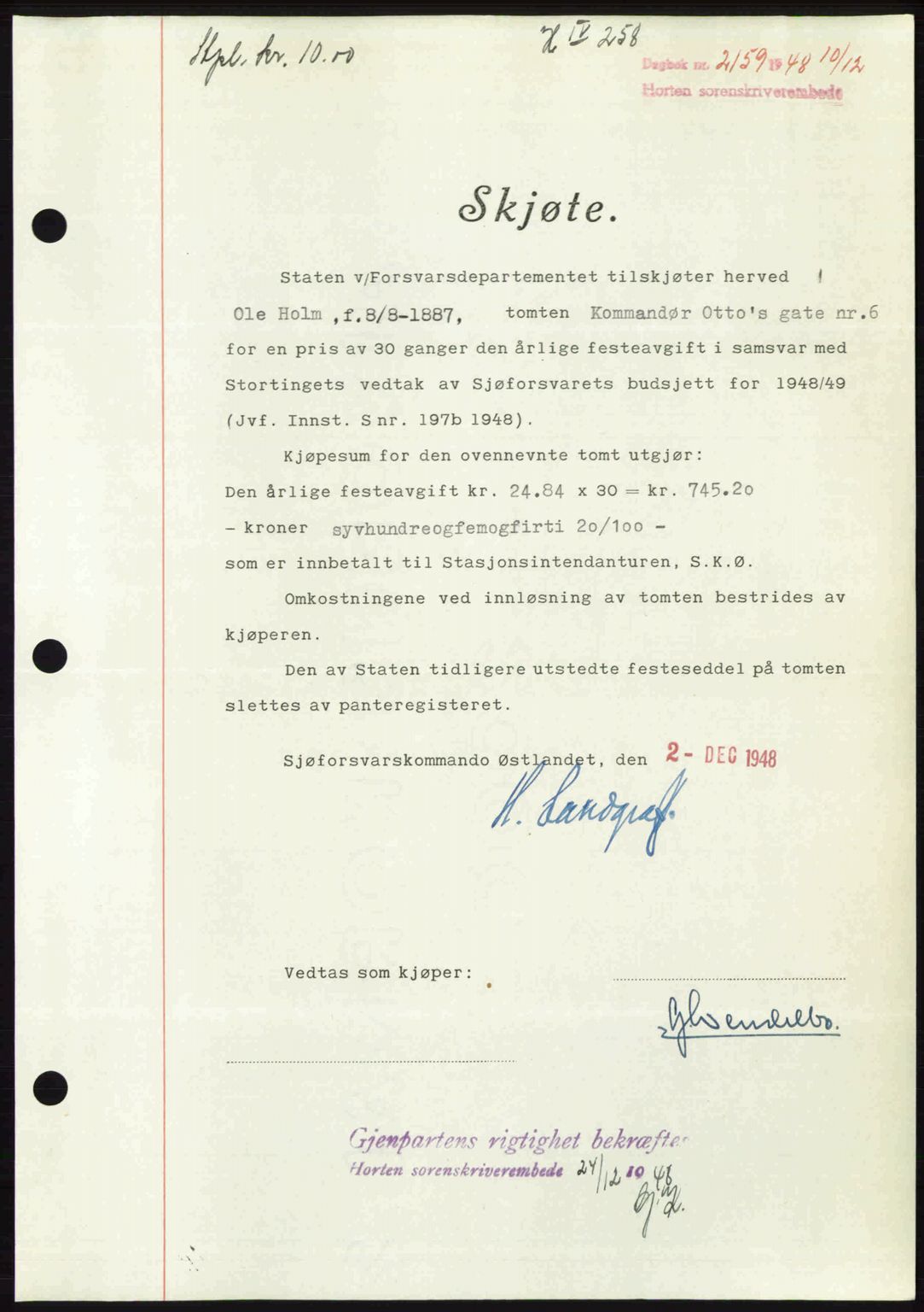 Horten sorenskriveri, AV/SAKO-A-133/G/Ga/Gaa/L0011: Mortgage book no. A-11, 1948-1948, Diary no: : 2159/1948