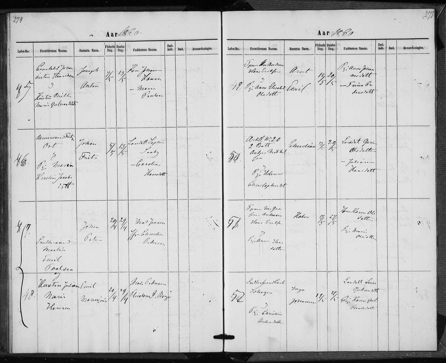 Rikshospitalet prestekontor Kirkebøker, SAO/A-10309b/K/L0002/0001: Baptism register no. 2.1, 1854-1860, p. 274-275