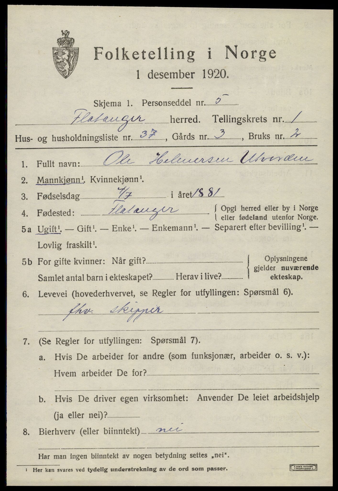 SAT, 1920 census for Flatanger, 1920, p. 1084