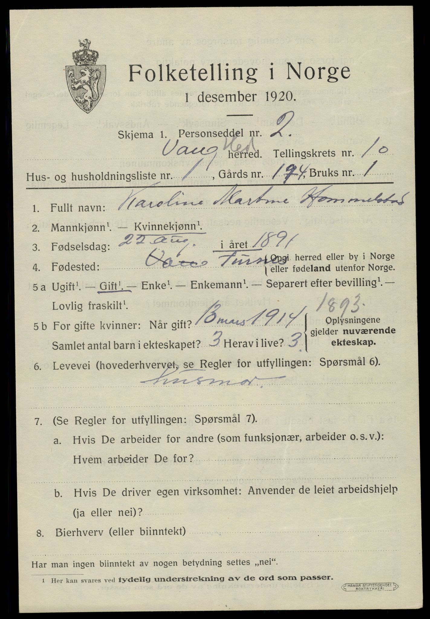 SAH, 1920 census for Vang (Hedmark), 1920, p. 19393