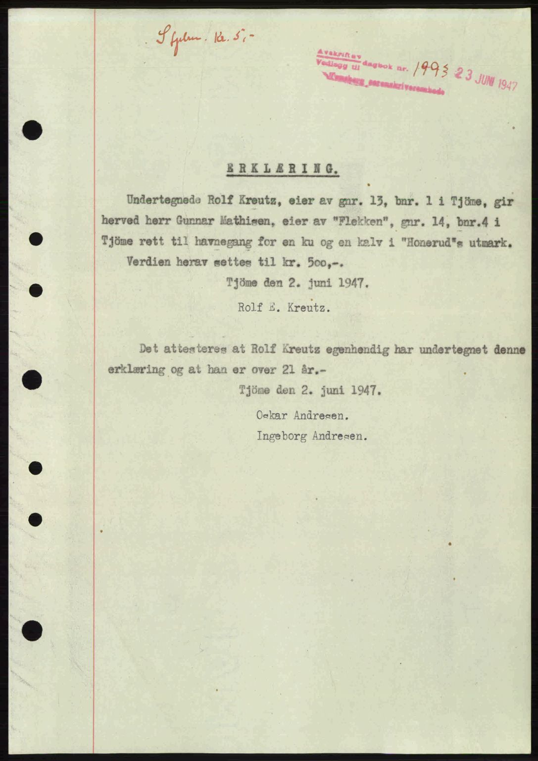 Tønsberg sorenskriveri, SAKO/A-130/G/Ga/Gaa/L0022: Mortgage book no. A22, 1947-1947, Diary no: : 1993/1947