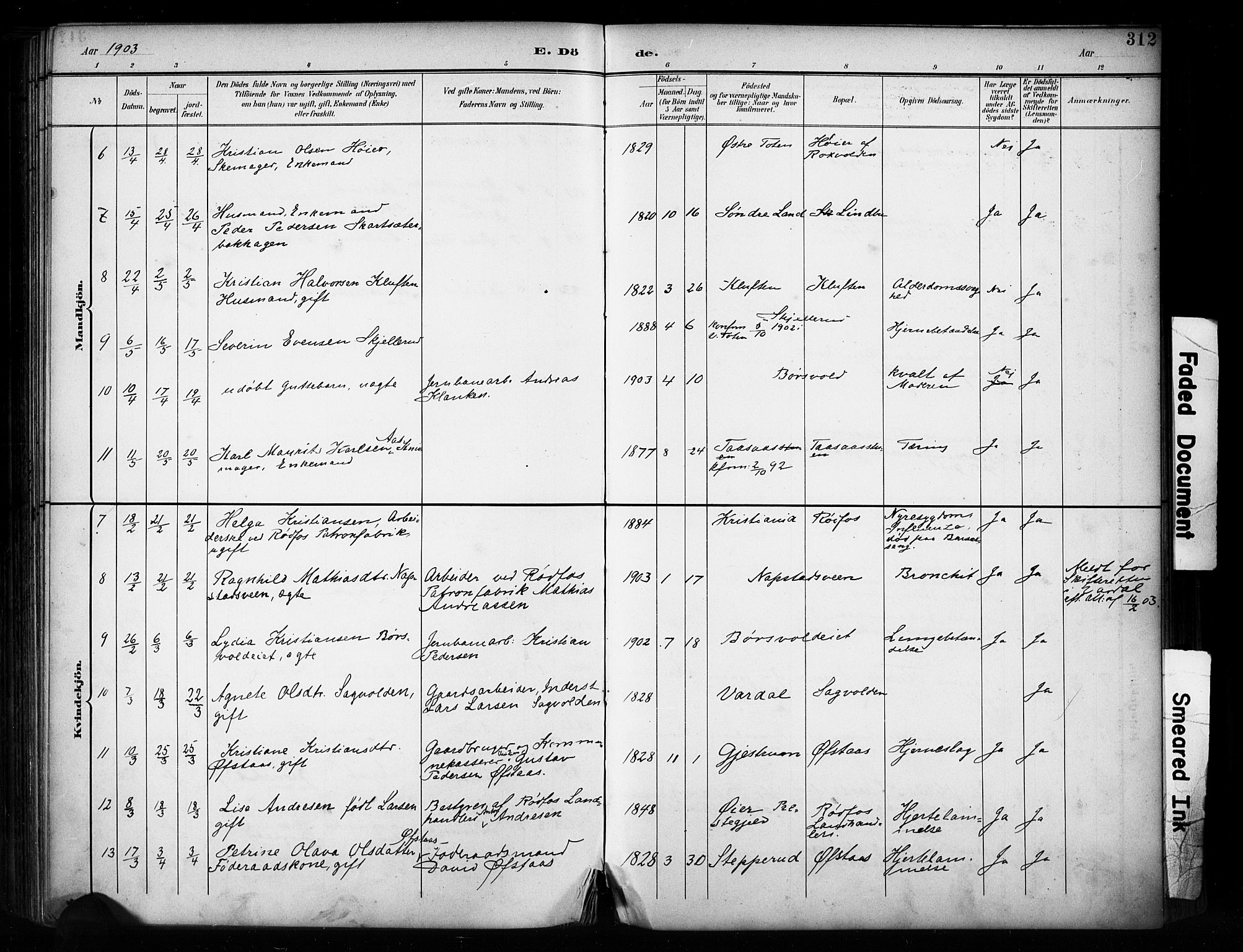 Vestre Toten prestekontor, SAH/PREST-108/H/Ha/Haa/L0011: Parish register (official) no. 11, 1895-1906, p. 312
