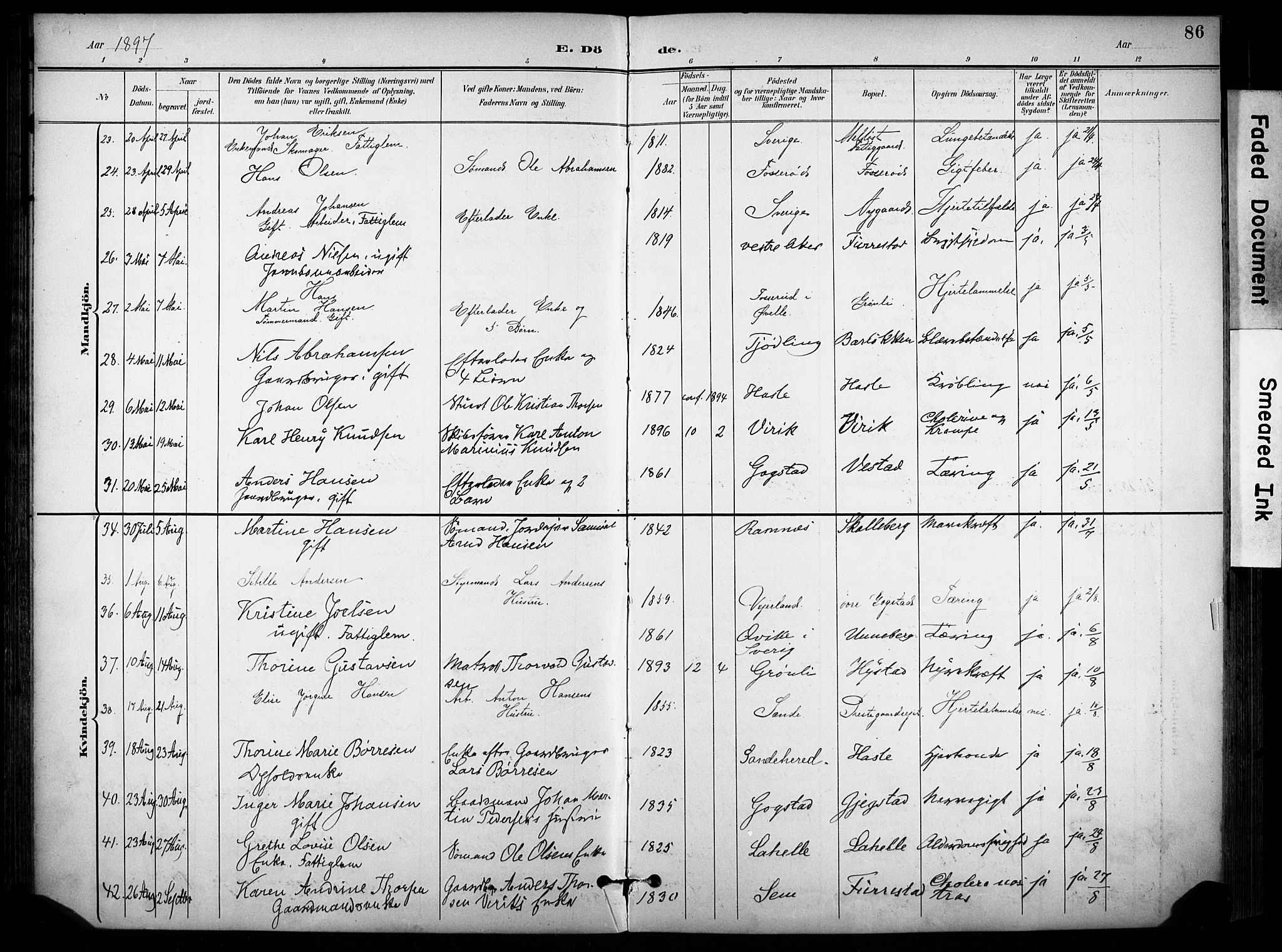 Sandar kirkebøker, AV/SAKO-A-243/F/Fa/L0015: Parish register (official) no. 15, 1896-1907, p. 86
