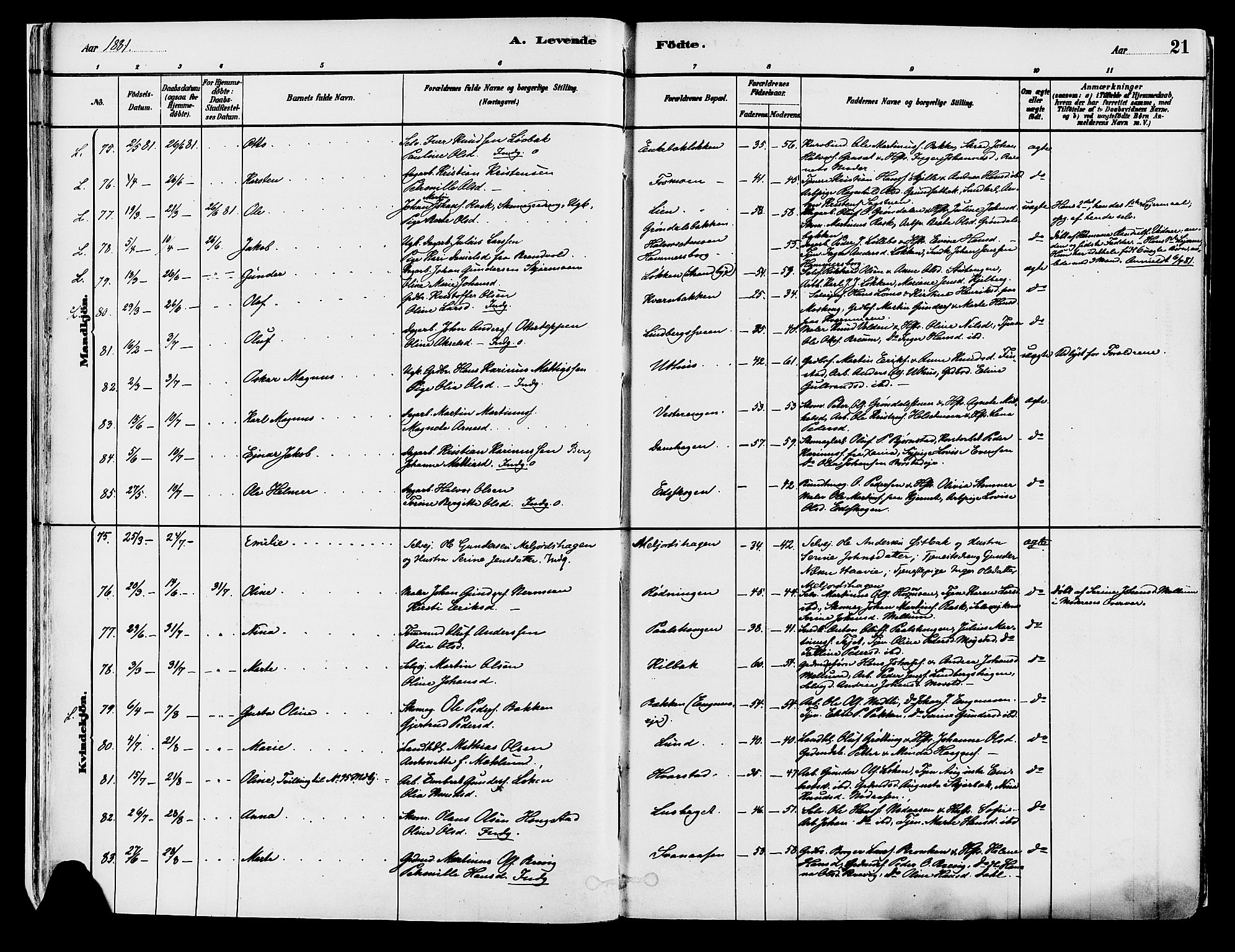 Elverum prestekontor, SAH/PREST-044/H/Ha/Haa/L0013: Parish register (official) no. 13, 1880-1890, p. 21