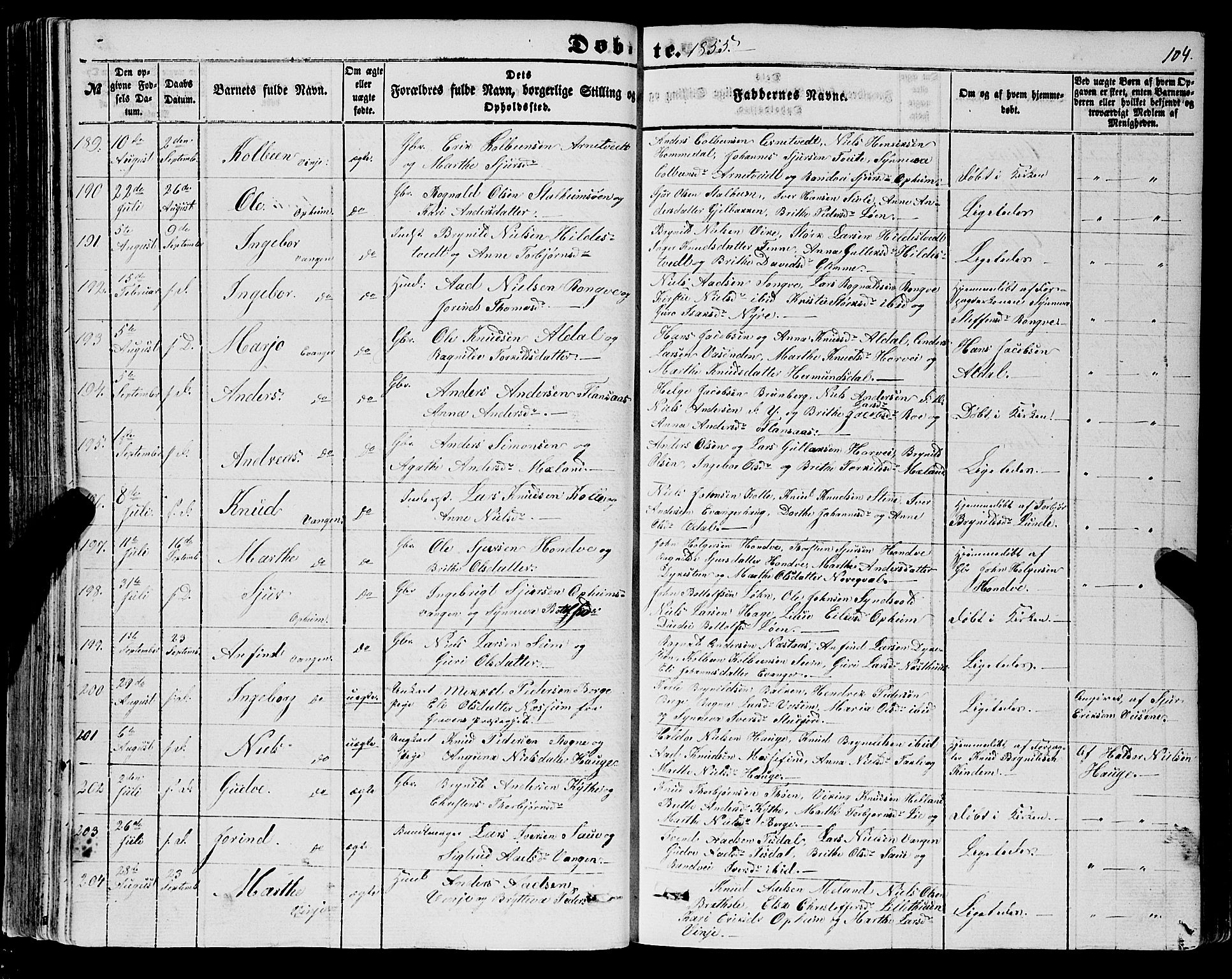 Voss sokneprestembete, AV/SAB-A-79001/H/Haa: Parish register (official) no. A 16, 1849-1863, p. 104