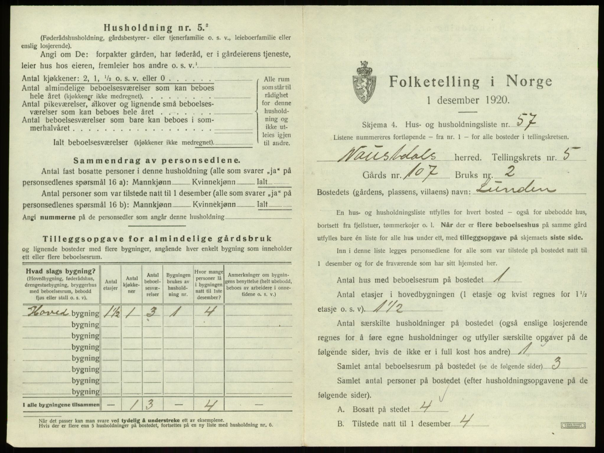 SAB, 1920 census for Naustdal, 1920, p. 505