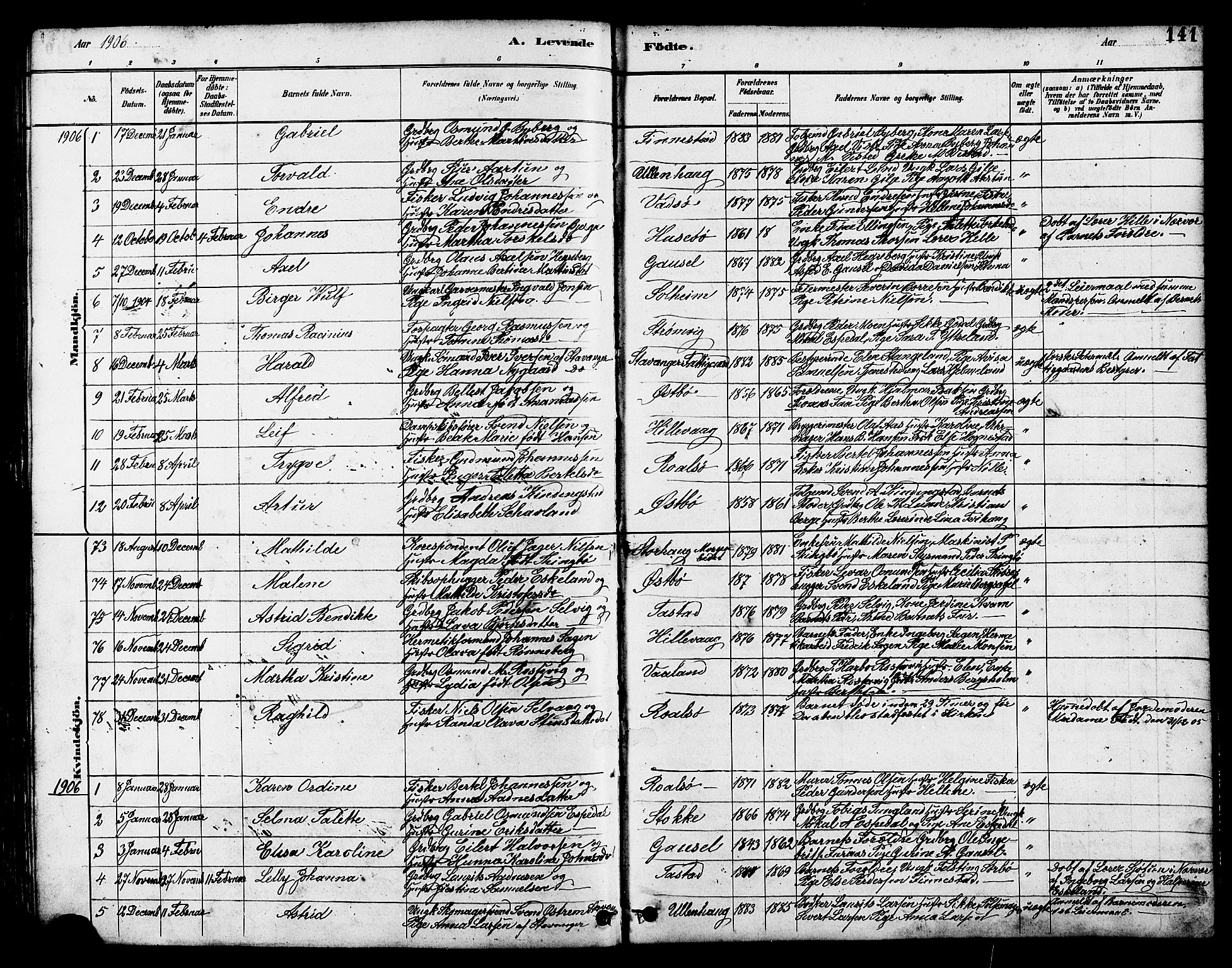 Hetland sokneprestkontor, SAST/A-101826/30/30BB/L0005: Parish register (copy) no. B 5, 1878-1910, p. 141