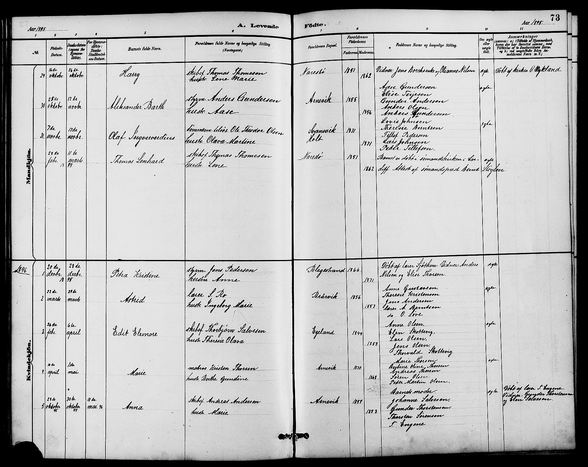 Dypvåg sokneprestkontor, AV/SAK-1111-0007/F/Fb/Fbb/L0004: Parish register (copy) no. B 4, 1887-1905, p. 73