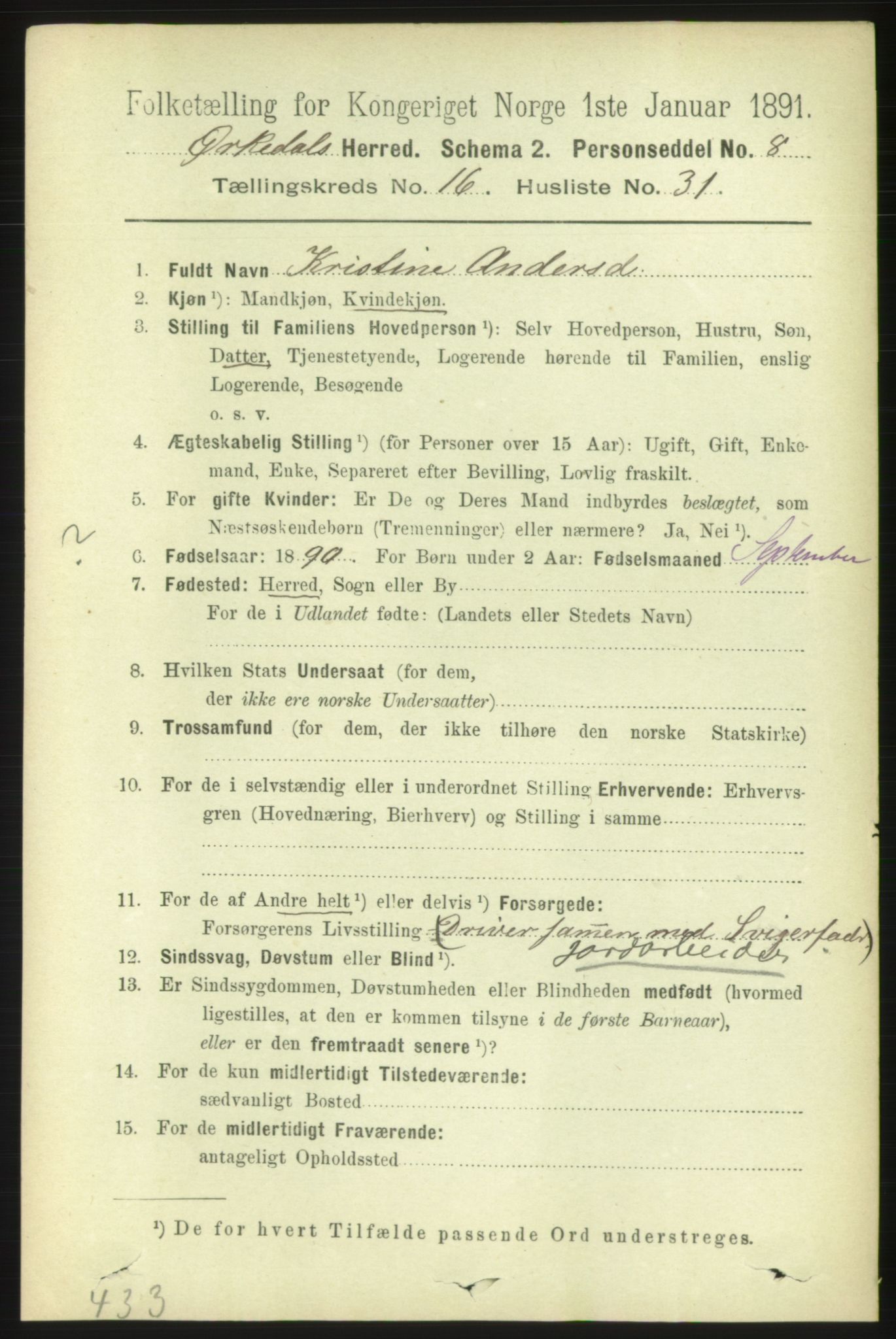 RA, 1891 census for 1638 Orkdal, 1891, p. 7334