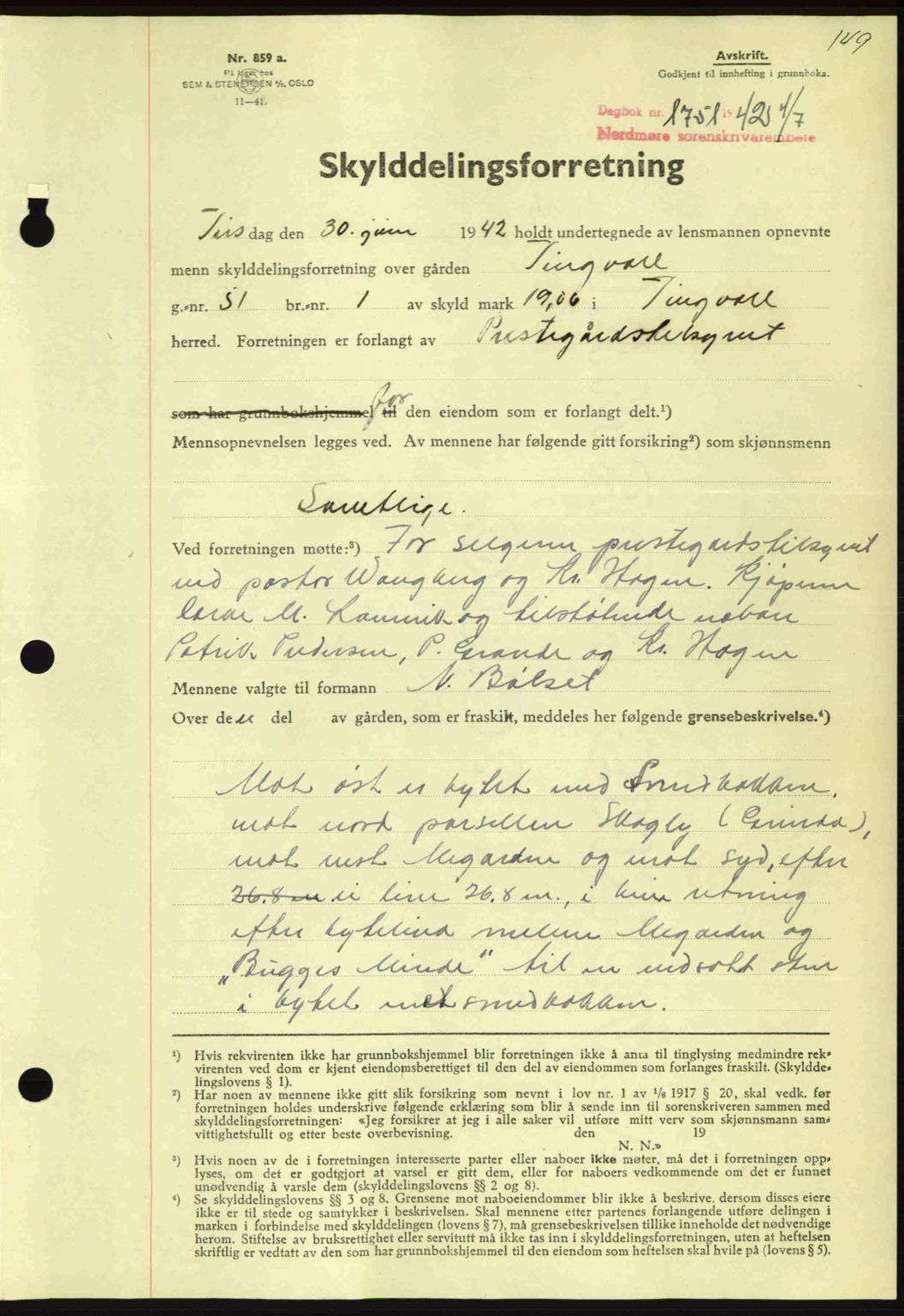 Nordmøre sorenskriveri, AV/SAT-A-4132/1/2/2Ca: Mortgage book no. A93, 1942-1942, Diary no: : 1751/1942