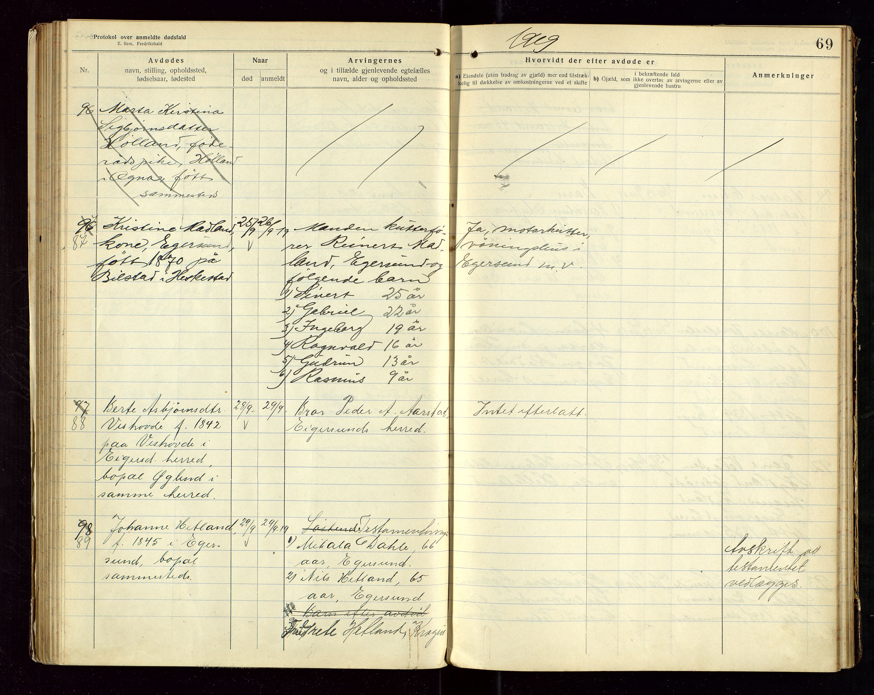 Eigersund lensmannskontor, AV/SAST-A-100171/Gga/L0007: "Protokol over anmeldte dødsfald" m/alfabetisk navneregister, 1917-1920, p. 69