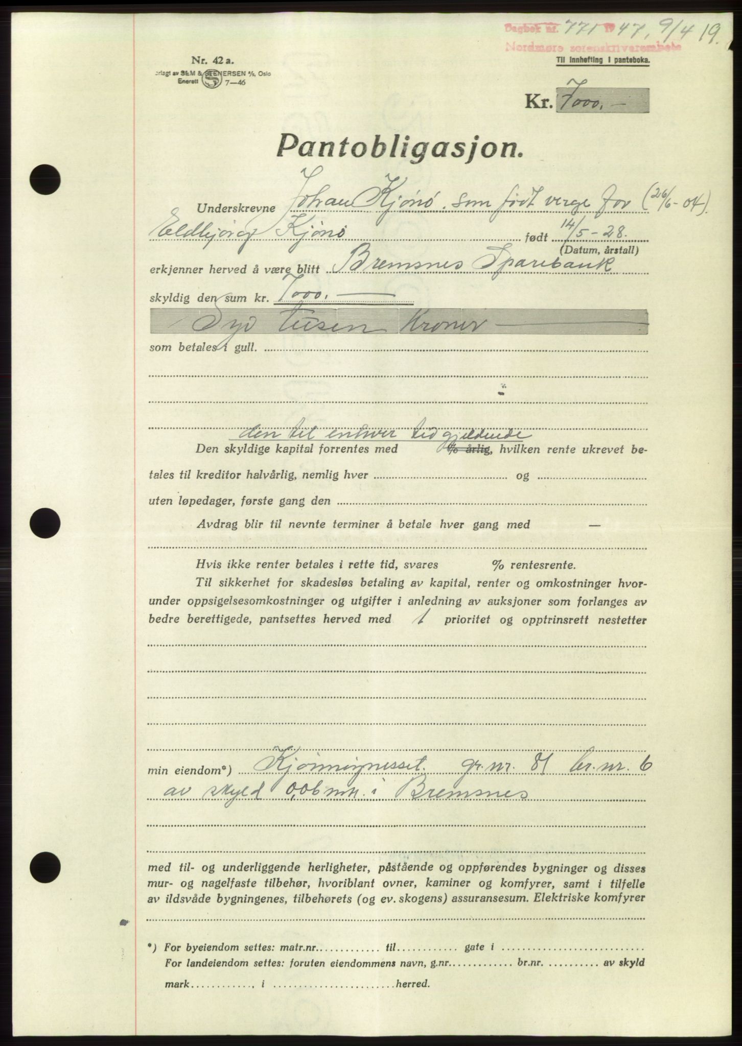 Nordmøre sorenskriveri, AV/SAT-A-4132/1/2/2Ca: Mortgage book no. B96, 1947-1947, Diary no: : 771/1947