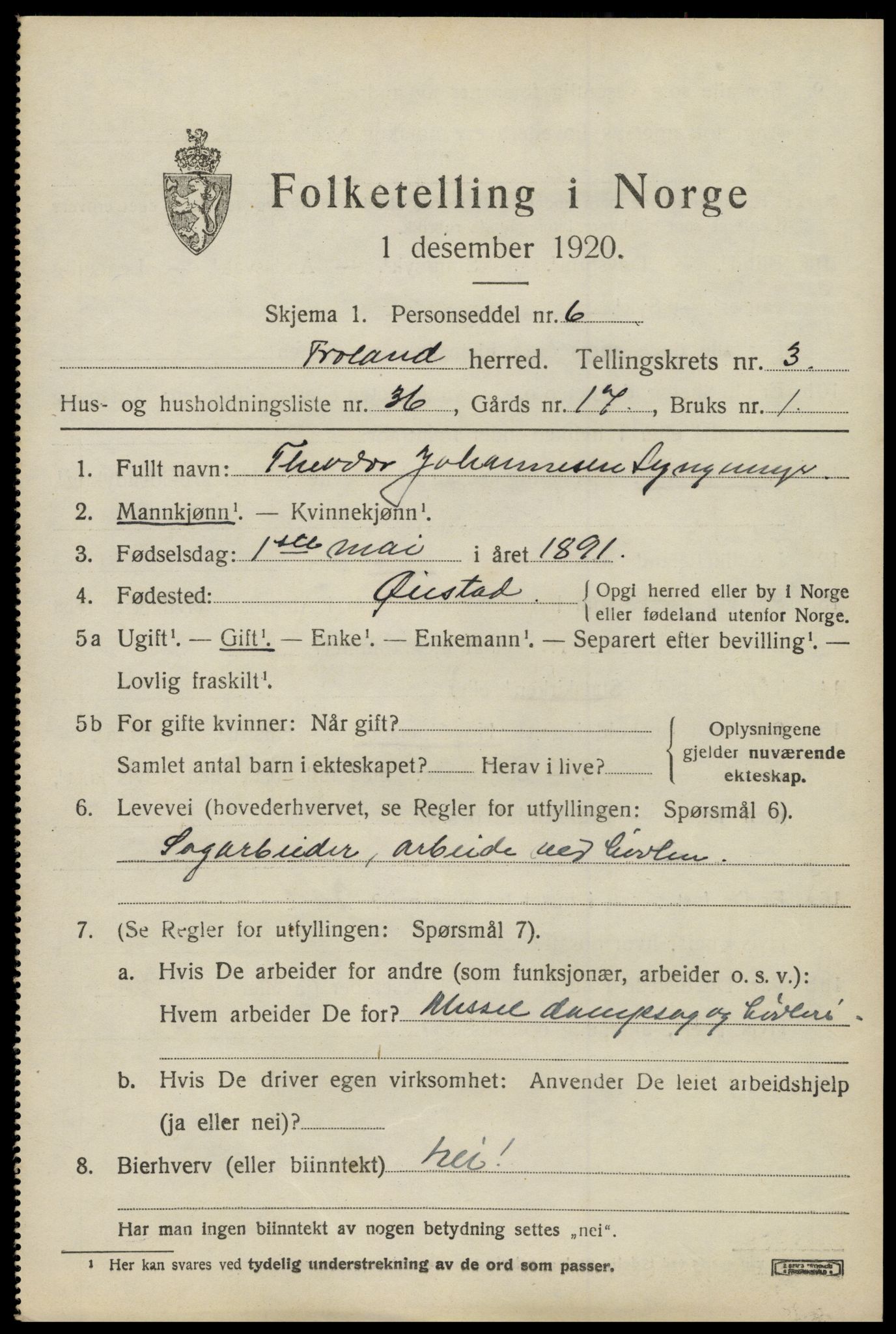 SAK, 1920 census for Froland, 1920, p. 3027