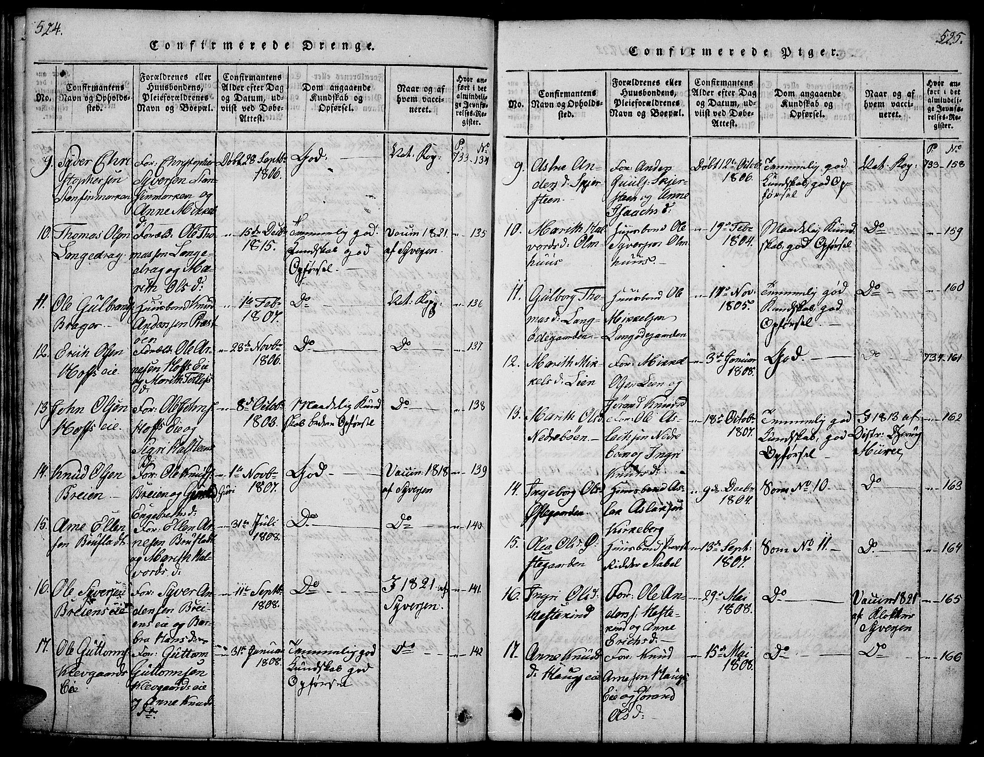 Sør-Aurdal prestekontor, SAH/PREST-128/H/Ha/Hab/L0001: Parish register (copy) no. 1, 1815-1826, p. 524-525
