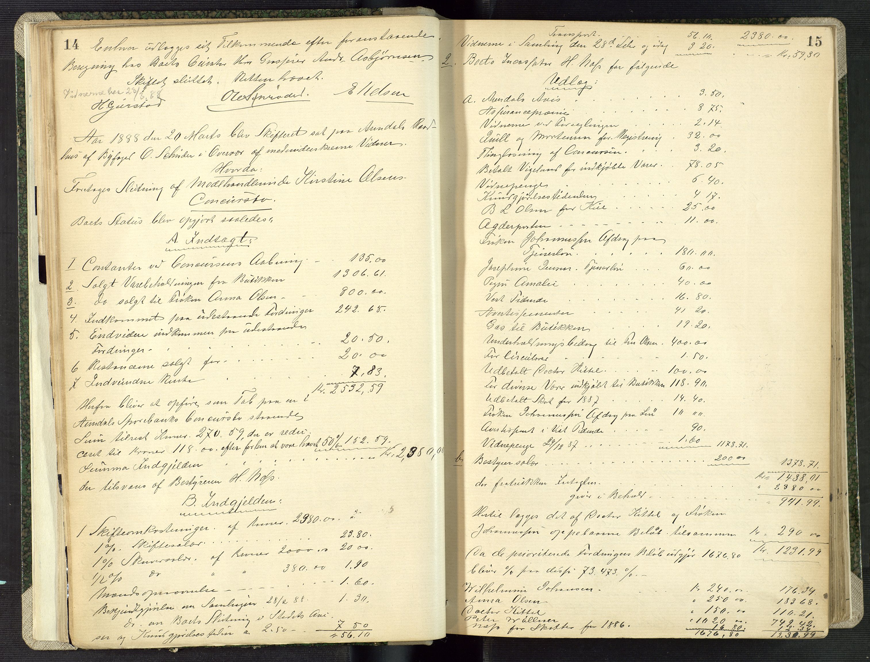 Arendal byfogd, AV/SAK-1222-0001/H/Hc/L0035: Skifteutlodningsprotokoll nr. 33, 1888-1897, p. 14-15