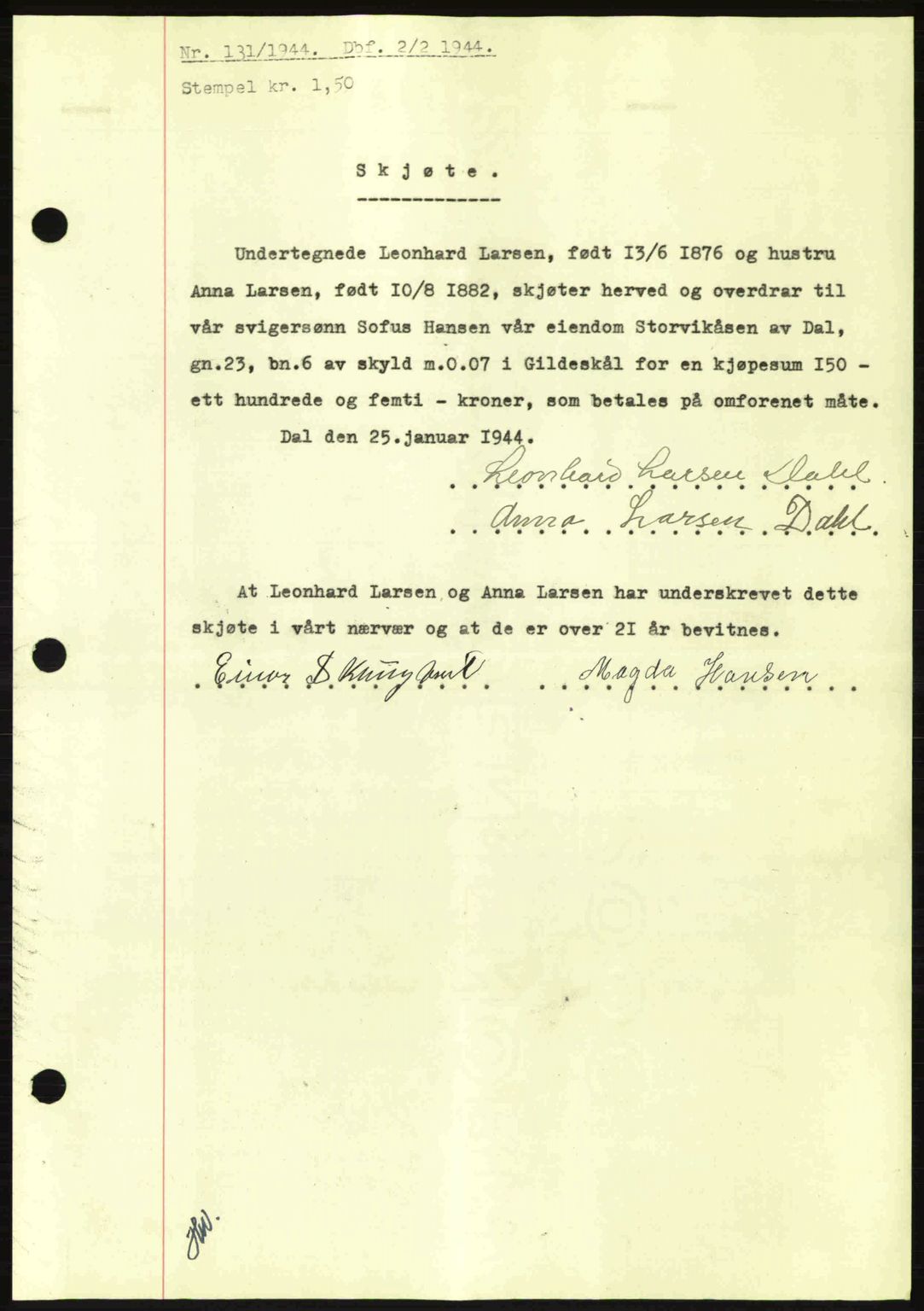 Salten sorenskriveri, AV/SAT-A-4578/1/2/2C: Mortgage book no. A14-15, 1943-1945, Diary no: : 131/1944