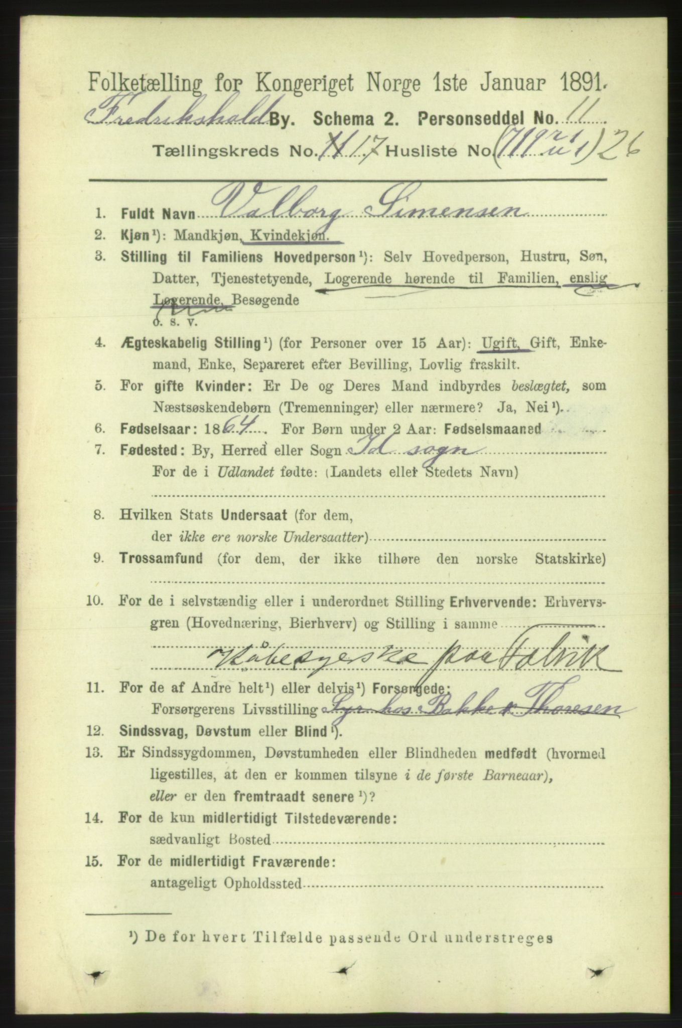 RA, 1891 census for 0101 Fredrikshald, 1891, p. 11285