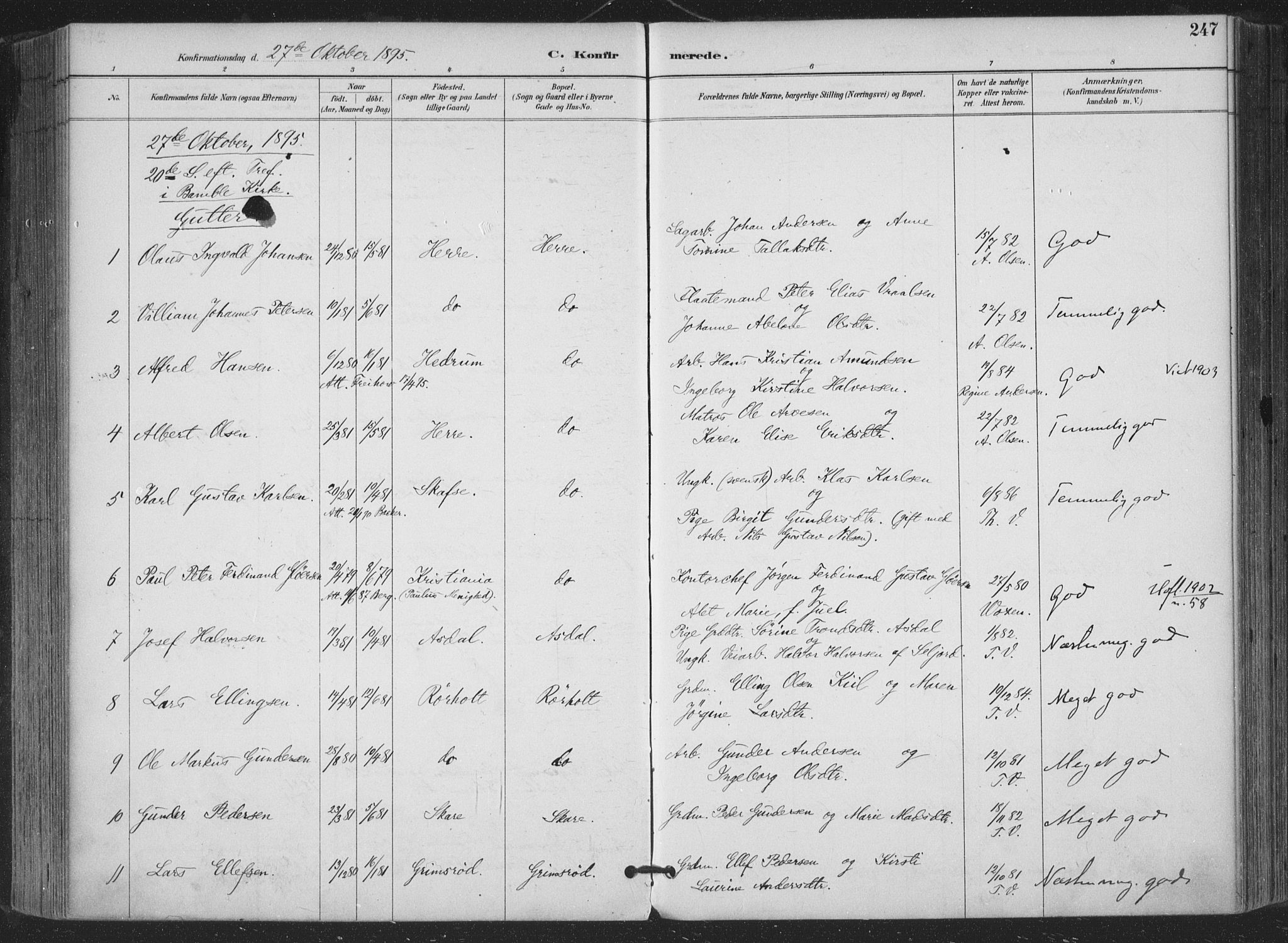 Bamble kirkebøker, AV/SAKO-A-253/F/Fa/L0008: Parish register (official) no. I 8, 1888-1900, p. 247