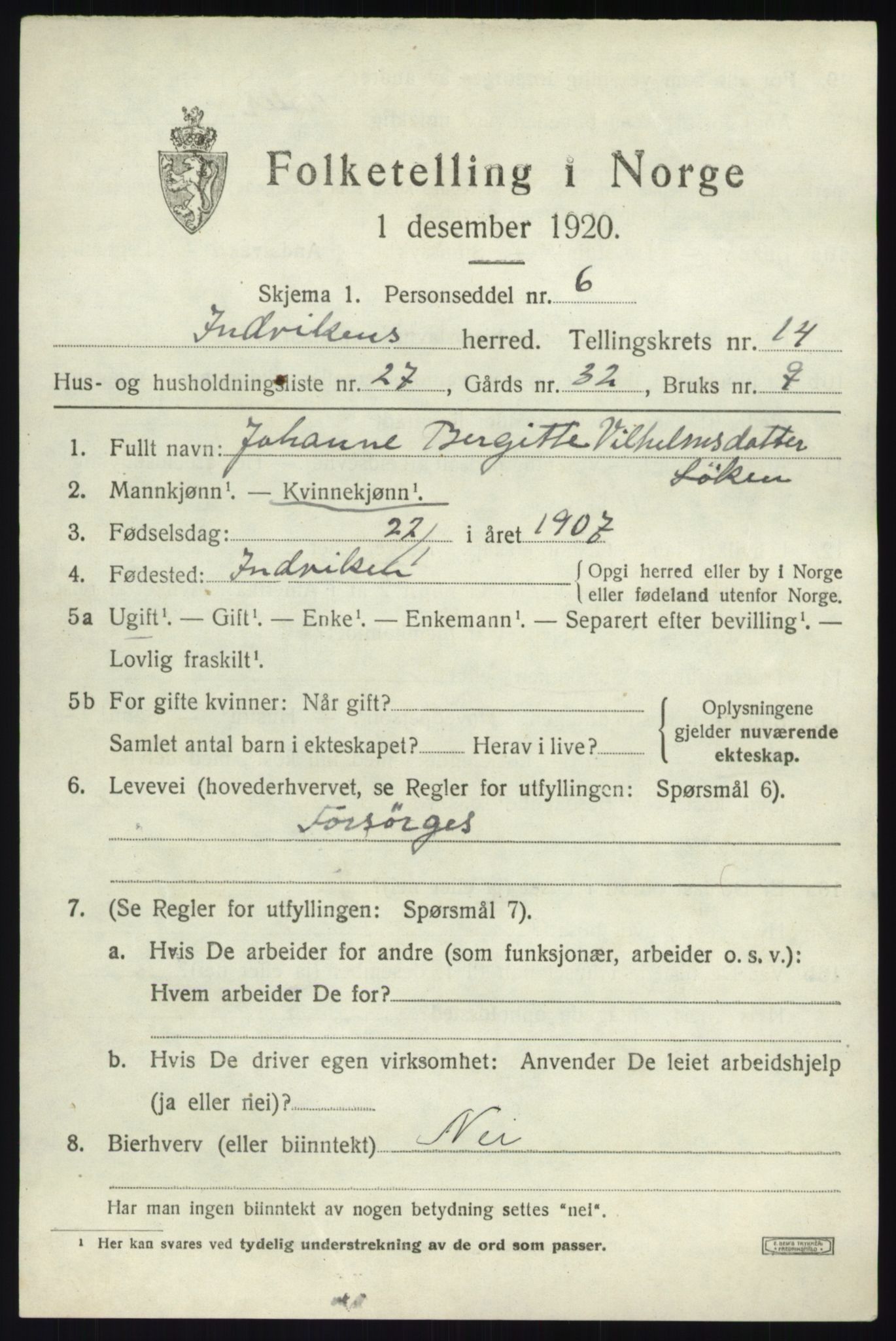 SAB, 1920 census for Innvik, 1920, p. 6109