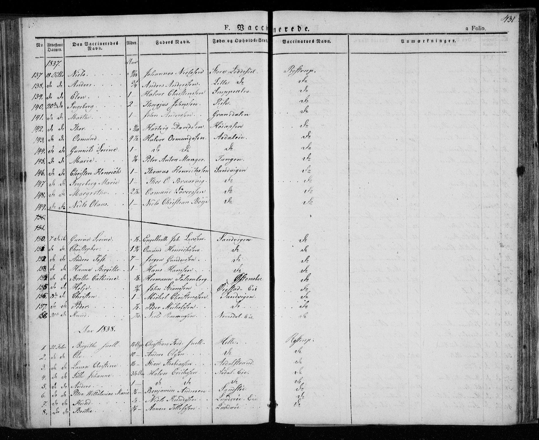 Øyestad sokneprestkontor, SAK/1111-0049/F/Fa/L0013: Parish register (official) no. A 13, 1827-1842, p. 431