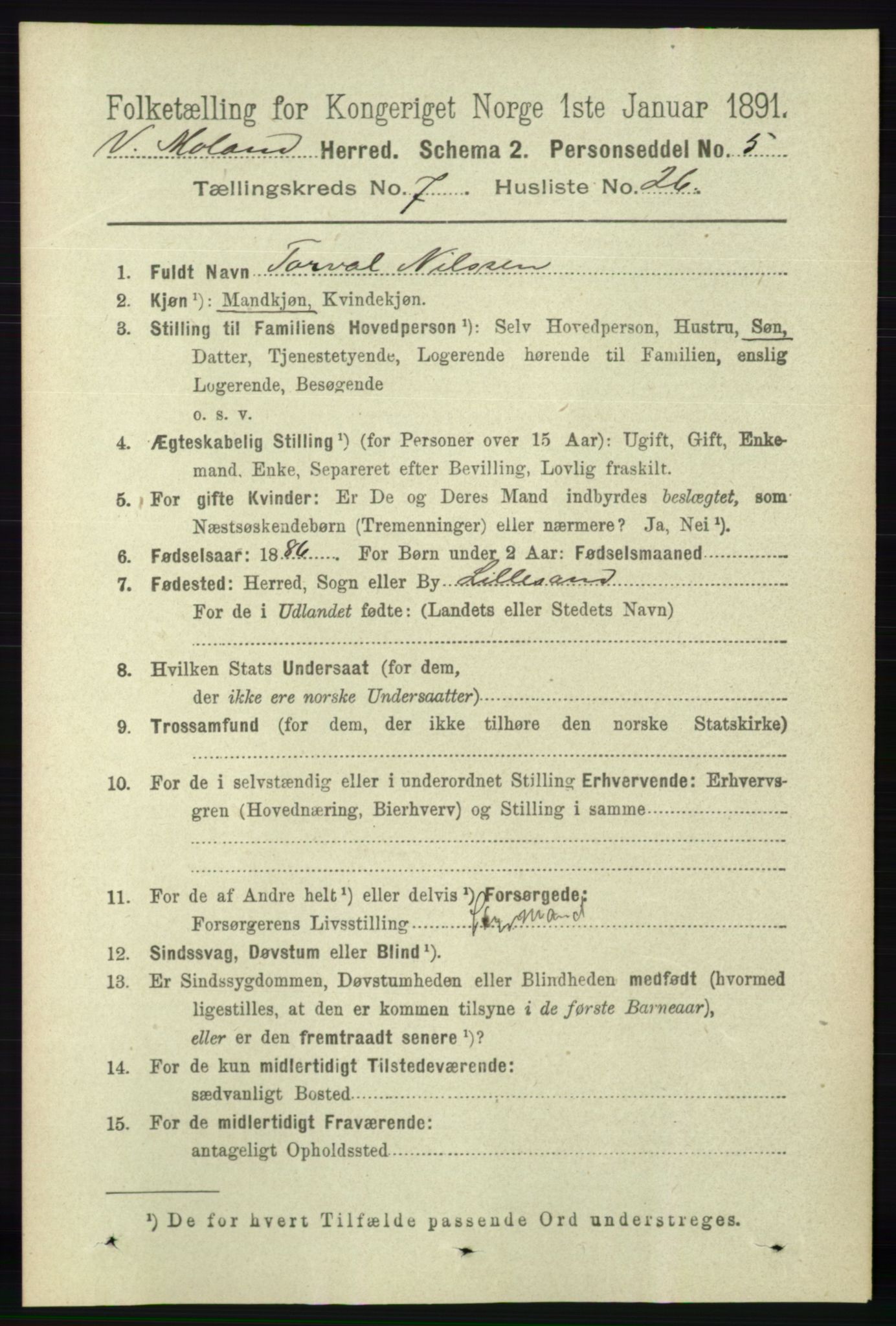 RA, 1891 census for 0926 Vestre Moland, 1891, p. 2914