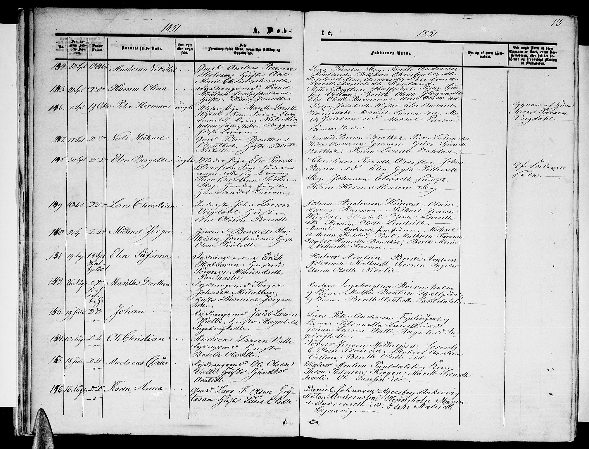 Ministerialprotokoller, klokkerbøker og fødselsregistre - Nordland, AV/SAT-A-1459/820/L0301: Parish register (copy) no. 820C03, 1851-1858, p. 13