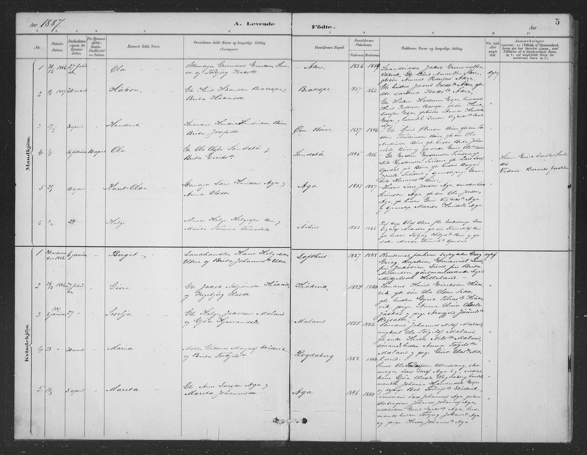 Ullensvang sokneprestembete, SAB/A-78701/H/Hab: Parish register (copy) no. B 11, 1887-1939, p. 5