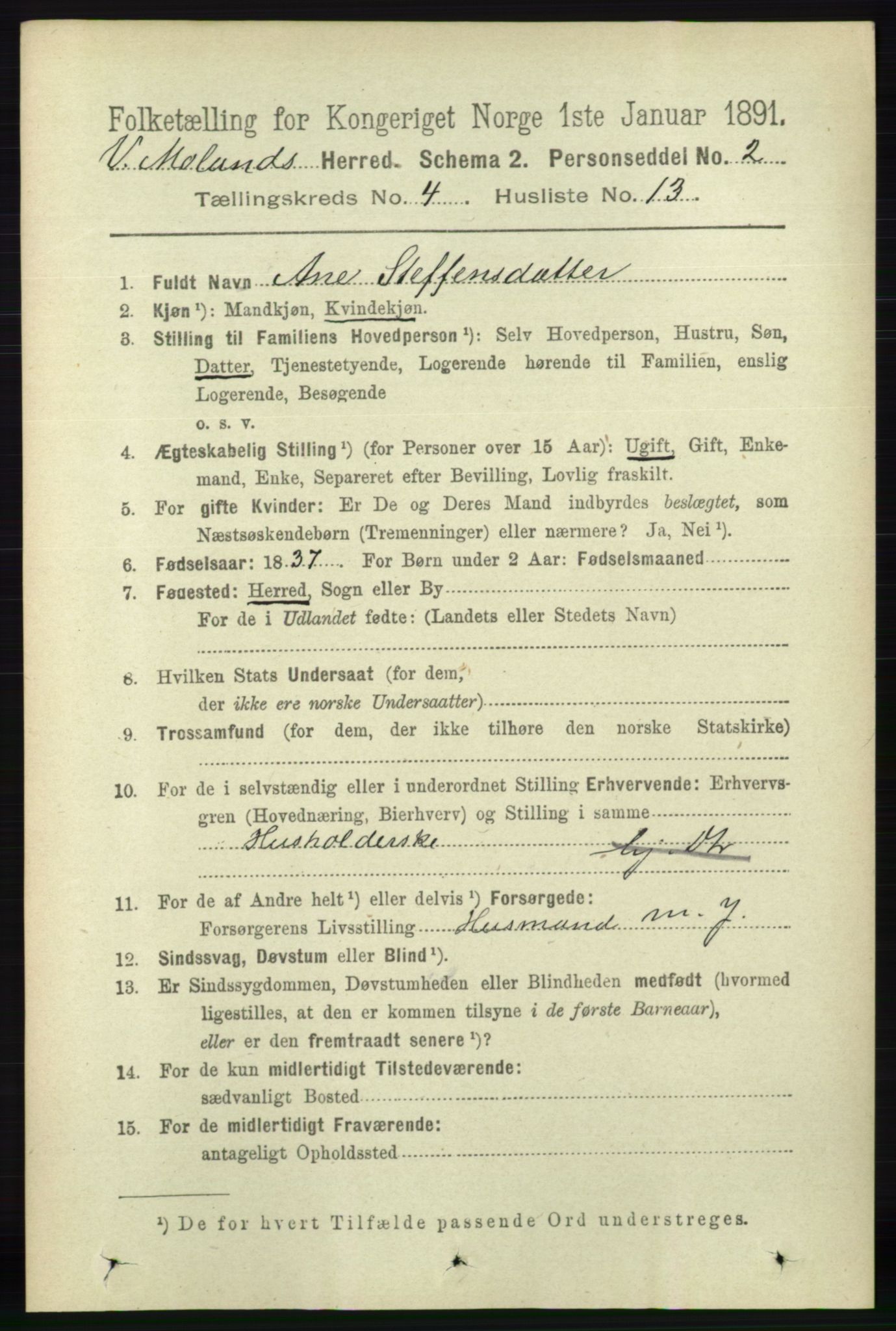 RA, 1891 census for 0926 Vestre Moland, 1891, p. 1310