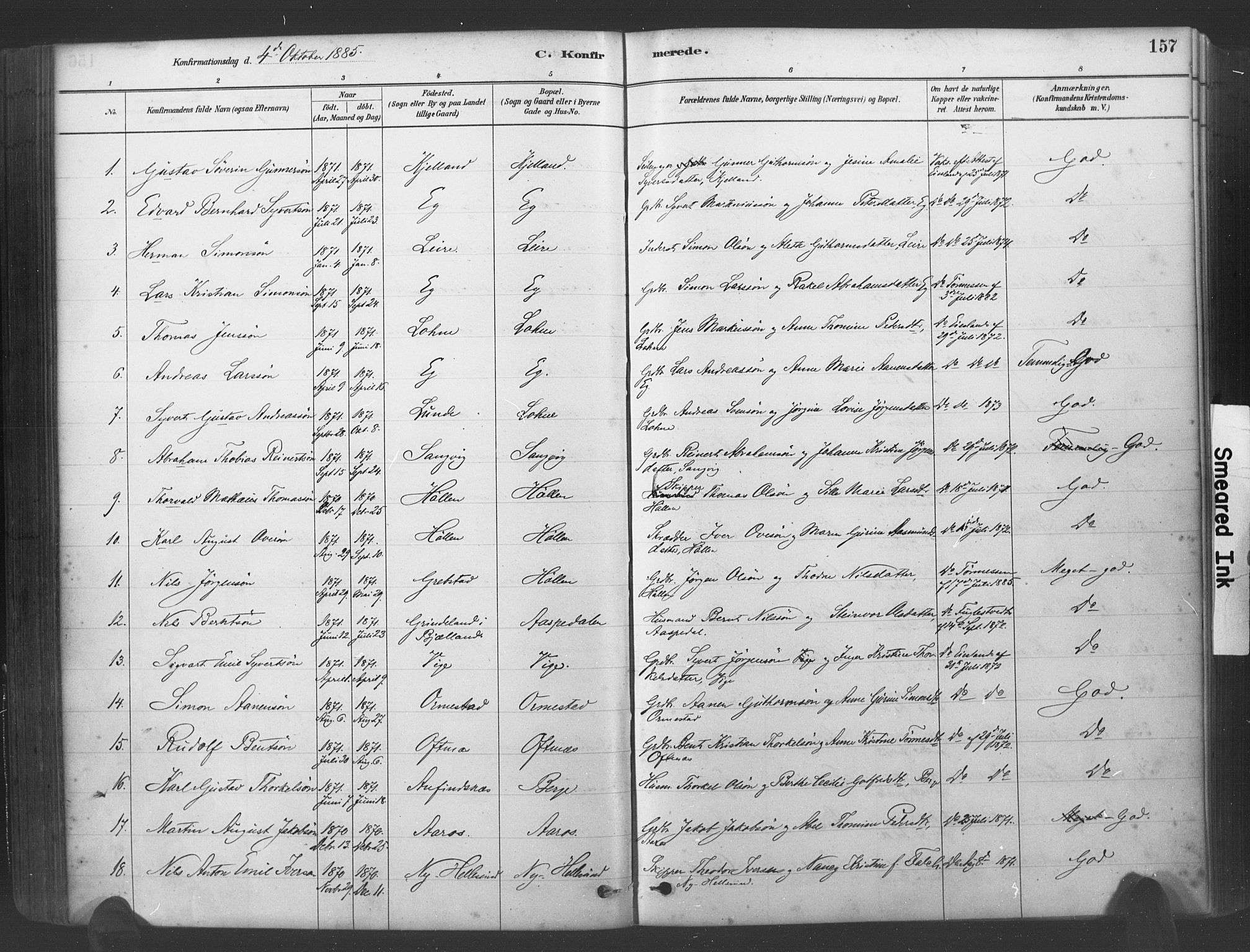 Søgne sokneprestkontor, AV/SAK-1111-0037/F/Fa/Fab/L0012: Parish register (official) no. A 12, 1880-1891, p. 157