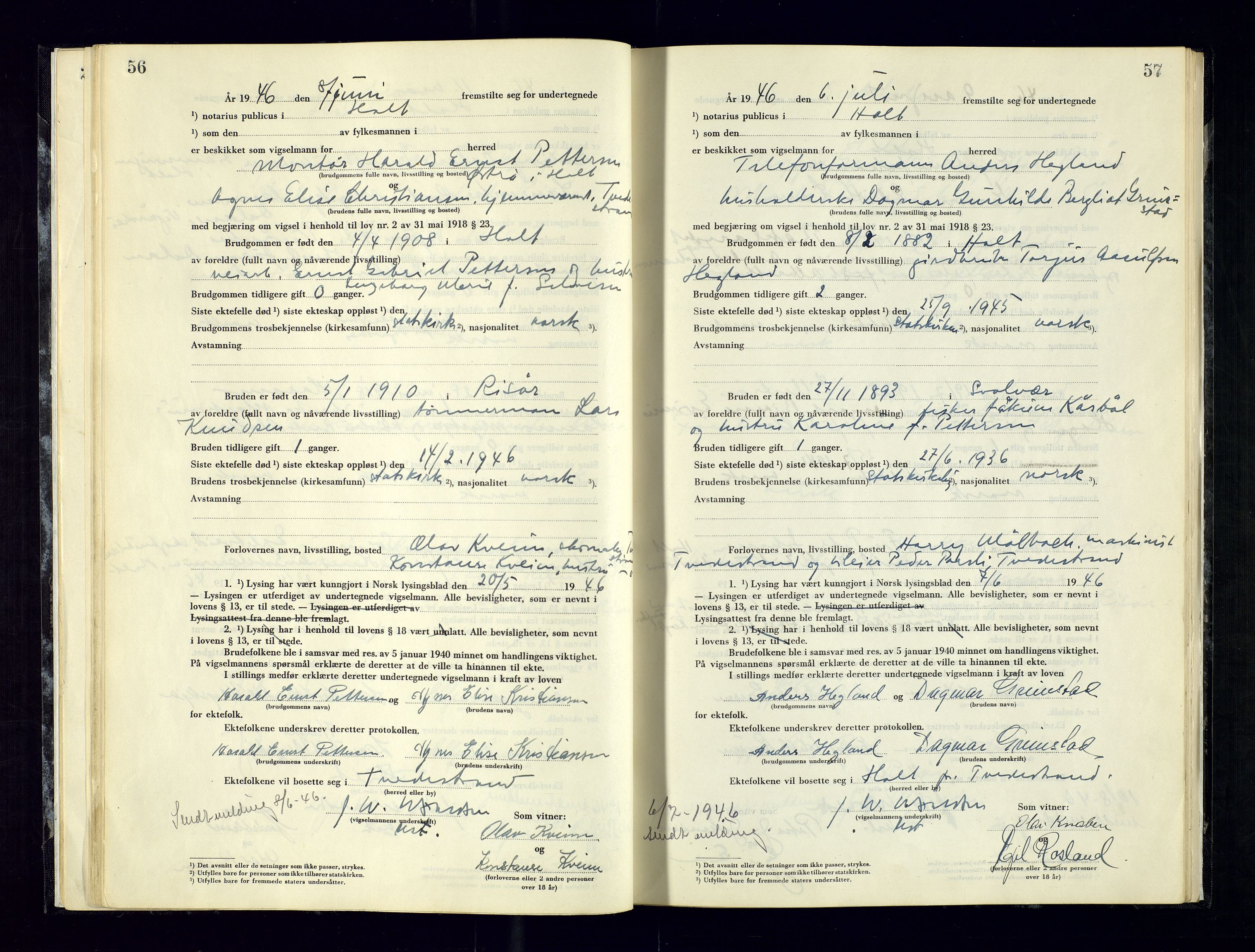 Holt sorenskriveri, AV/SAK-1221-0002/L/Ld/L0003: Vigselbok nr. 2, 1944-1964, p. 56-57