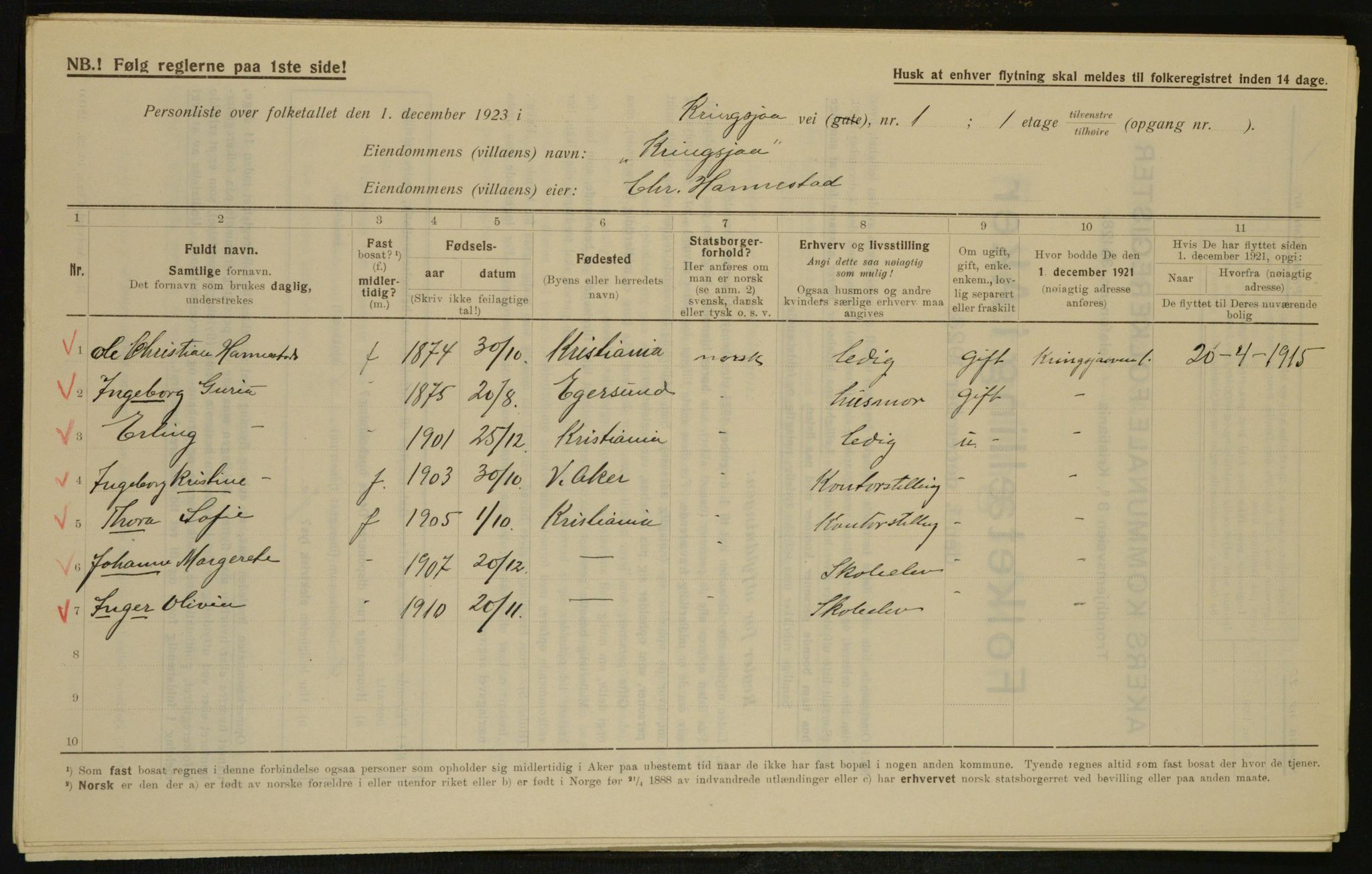 , Municipal Census 1923 for Aker, 1923, p. 28417