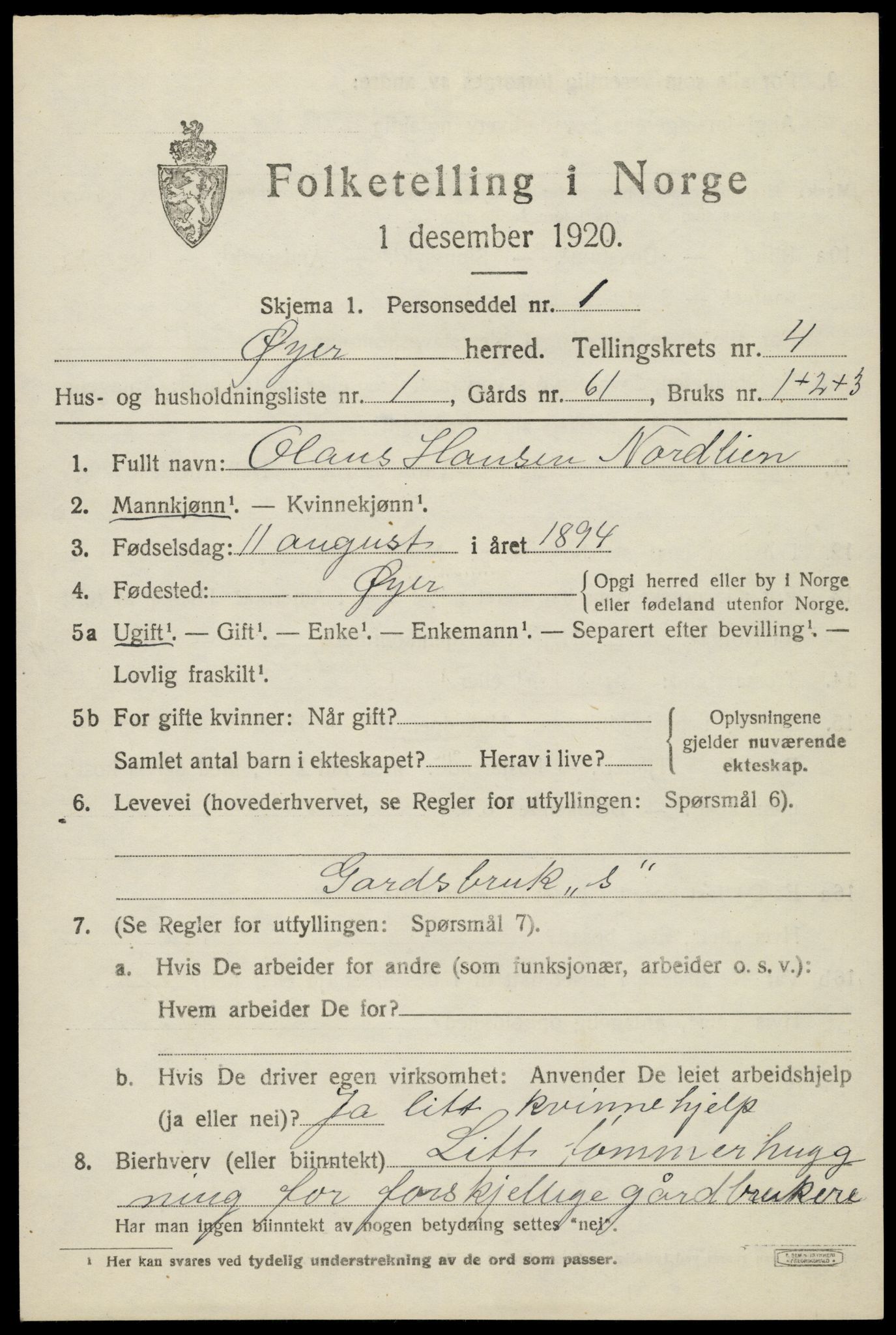SAH, 1920 census for Øyer, 1920, p. 3953