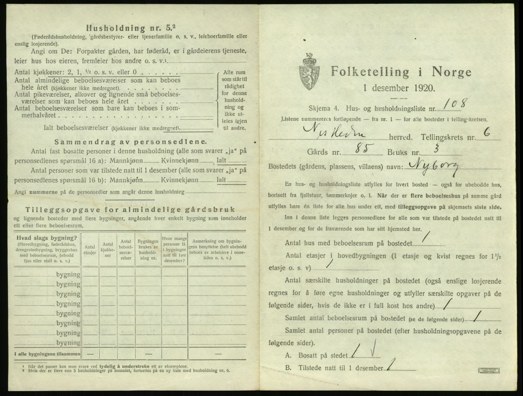 SAH, 1920 census for Nes (Hedmark), 1920, p. 1292