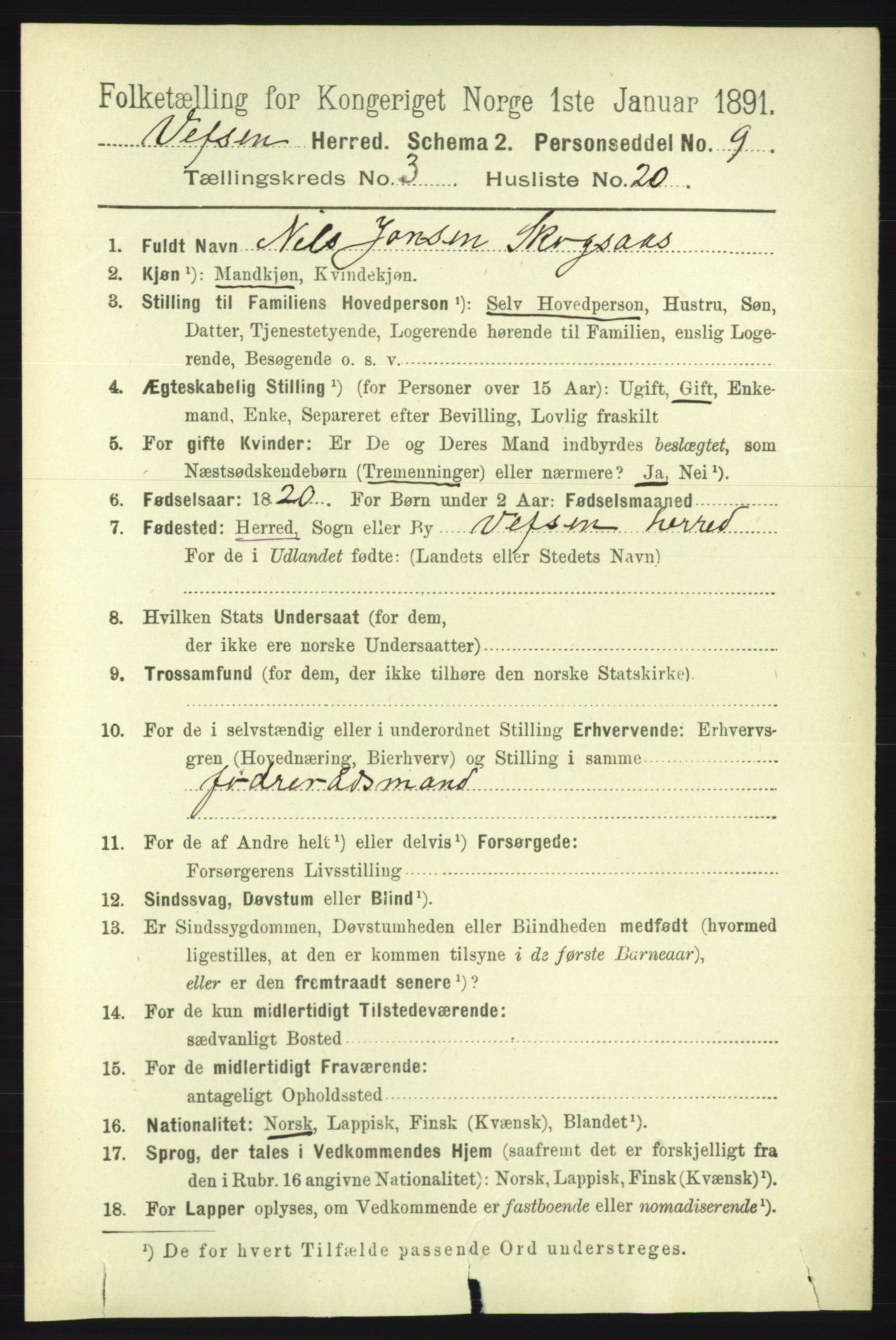RA, 1891 census for 1824 Vefsn, 1891, p. 1426