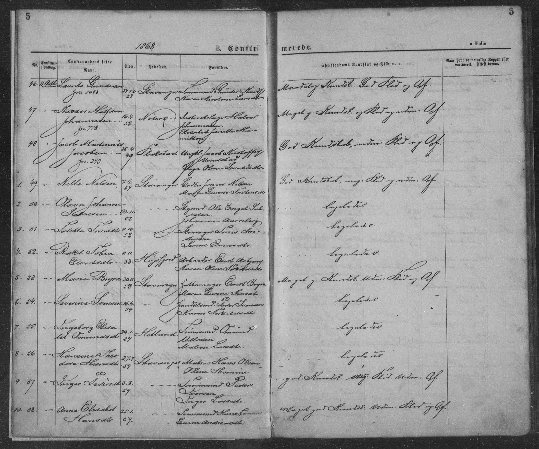 St. Petri sokneprestkontor, SAST/A-101813/001/30/30BA/L0009: Parish register (official) no. A 9, 1868-1875, p. 5