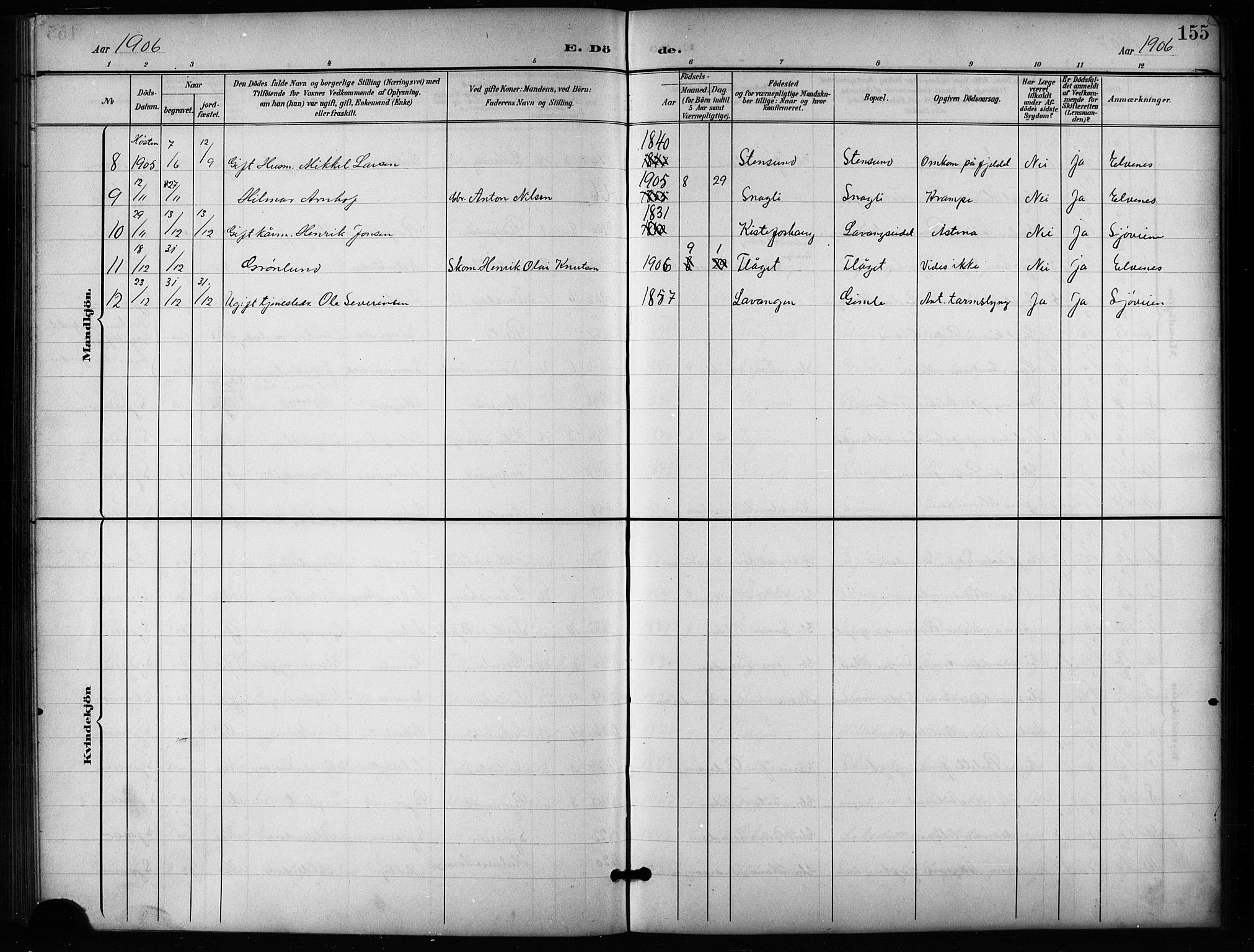 Salangen sokneprestembete, AV/SATØ-S-1324/H/Hb/L0004klokker: Parish register (copy) no. 4, 1900-1924, p. 155