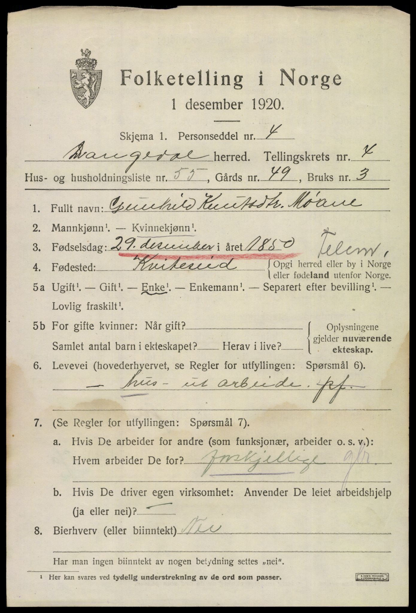 SAKO, 1920 census for Drangedal, 1920, p. 3683