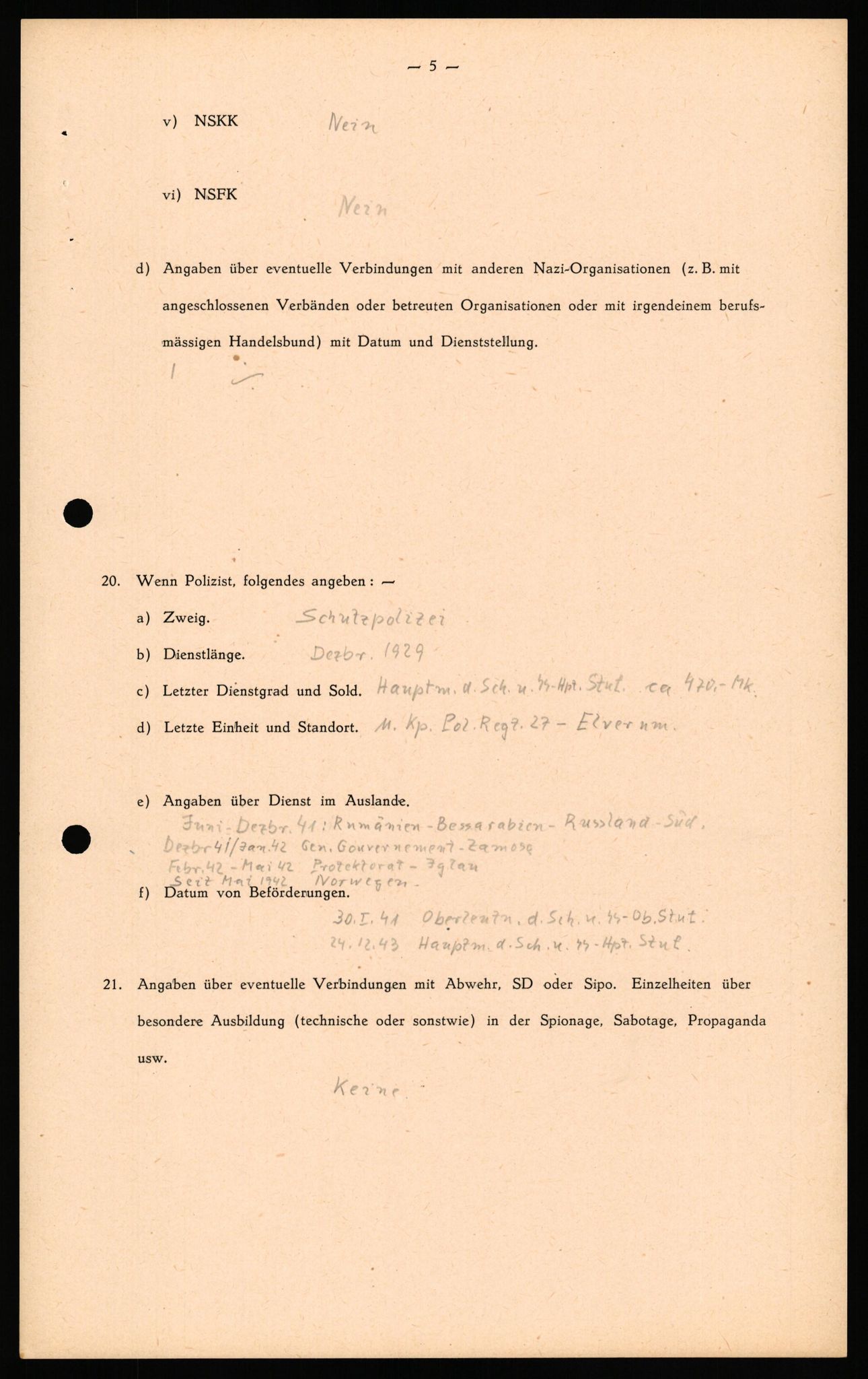 Forsvaret, Forsvarets overkommando II, RA/RAFA-3915/D/Db/L0039: CI Questionaires. Tyske okkupasjonsstyrker i Norge. Østerrikere., 1945-1946, p. 136