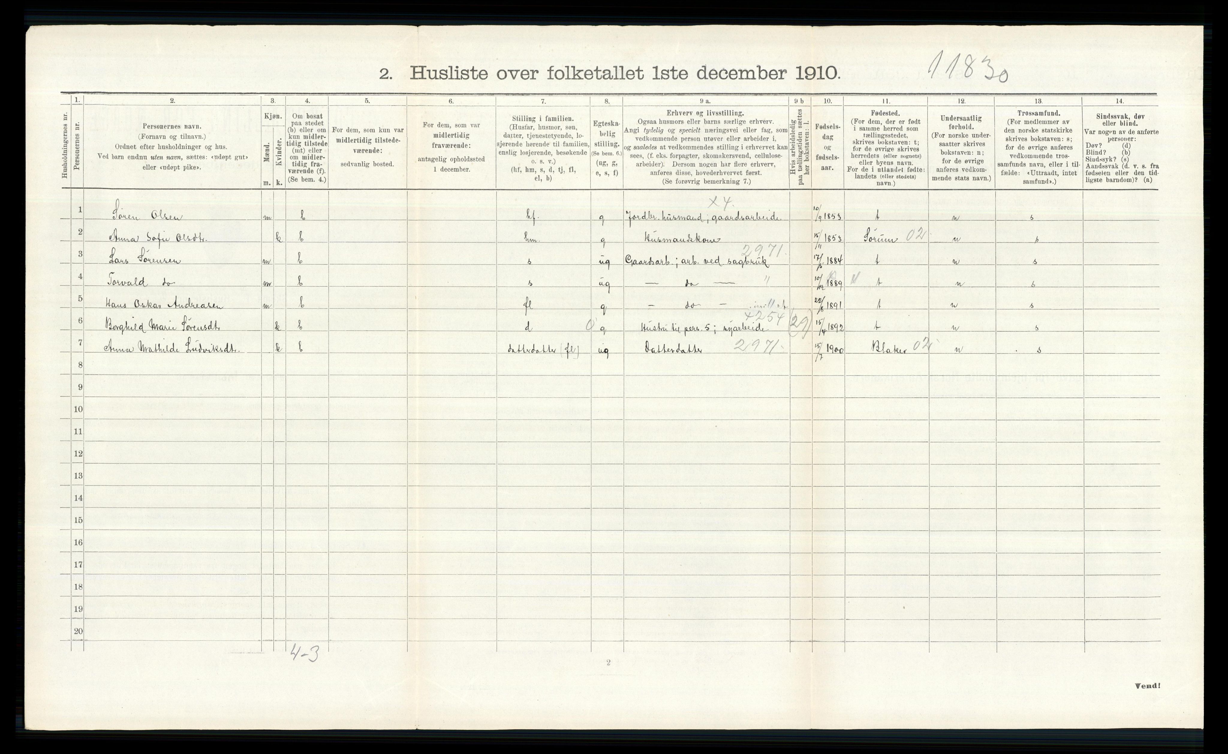 RA, 1910 census for Nes, 1910, p. 2587