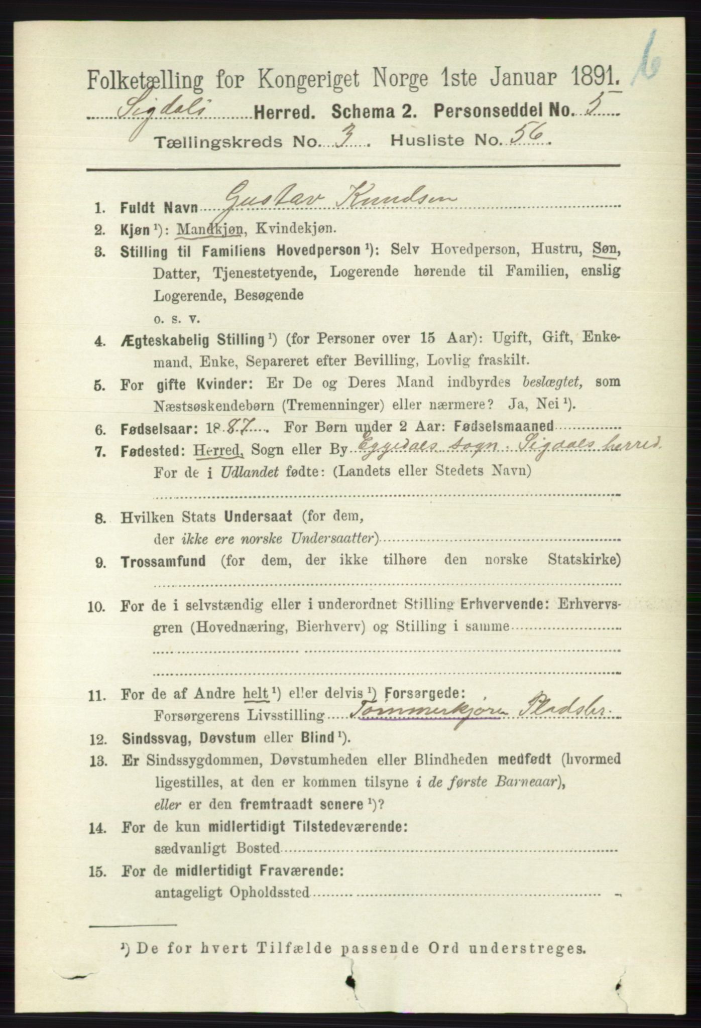 RA, 1891 census for 0621 Sigdal, 1891, p. 4617