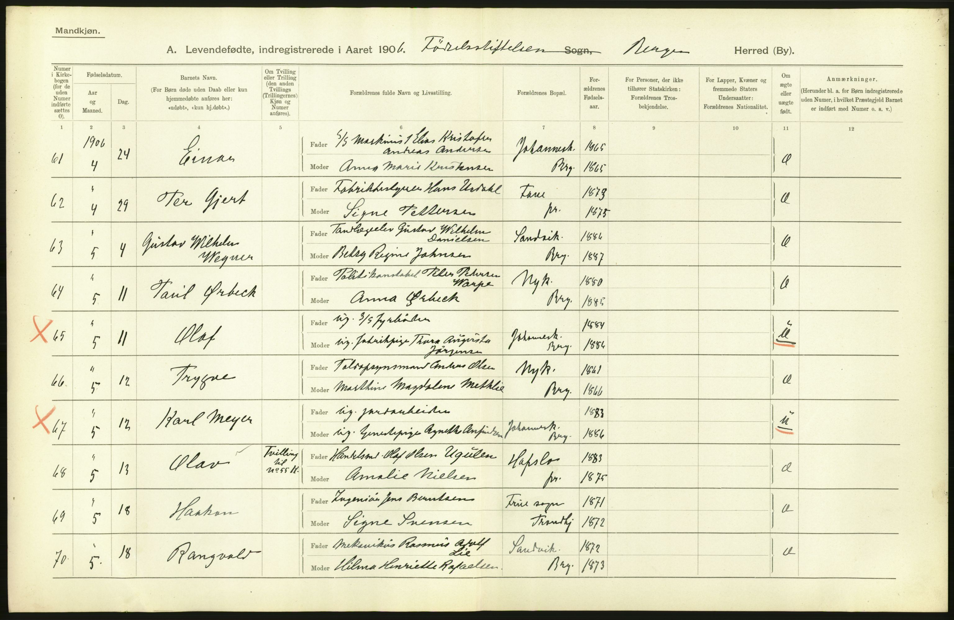 Statistisk sentralbyrå, Sosiodemografiske emner, Befolkning, AV/RA-S-2228/D/Df/Dfa/Dfad/L0031: Bergen: Levendefødte menn og kvinner., 1906, p. 24