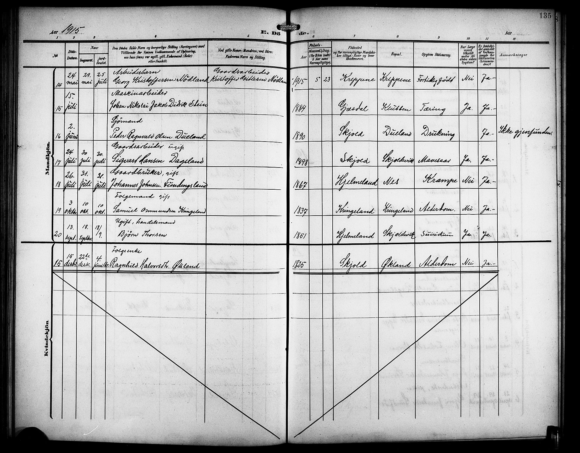 Skjold sokneprestkontor, AV/SAST-A-101847/H/Ha/Hab/L0008: Parish register (copy) no. B 8, 1906-1920, p. 135